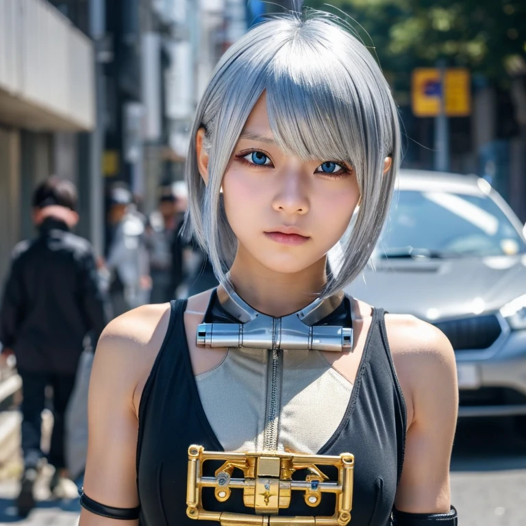 Japan anime style,9 year old silver haired cyborg girl,The right eye is gold and the left eye is dull black.,Her clothes are damaged and her upper body is almost naked.,Her right arm is made of mechanical equipment and was damaged in battle.,A deserted city with no people