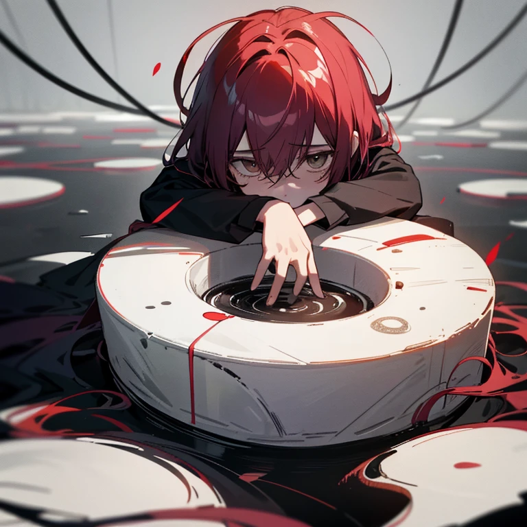 A rotten and sad woman sitting in a sea of blood and dead