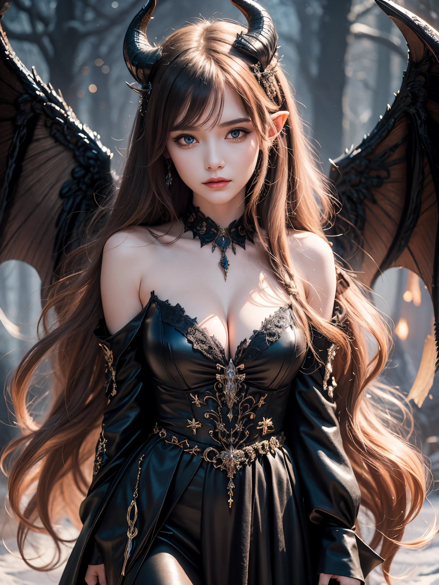 Beautiful girl in a black dress with horns, Beautiful Succubus, gothic girl, Beautiful elegant demon queen., Evil has black angel wings., Succubus in a short-fitting dress, epic fantasy, captured on canon eos r 6, (Realistic face details), intricate detailed, Portrait of a beautiful girl, very high details, photo-hyper-realistic, 8k, UHD, hyperdetailed, (Dynamic Poses:1.4),