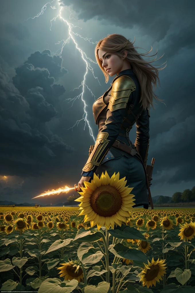 Lightning hit the sunflower, fantasy art, dart fantasy, ultra-wide-angle, octane render, enhance, intricate, (best quality, masterpiece, Representative work, official art, Professional, unity 8k wallpaper:1.3)