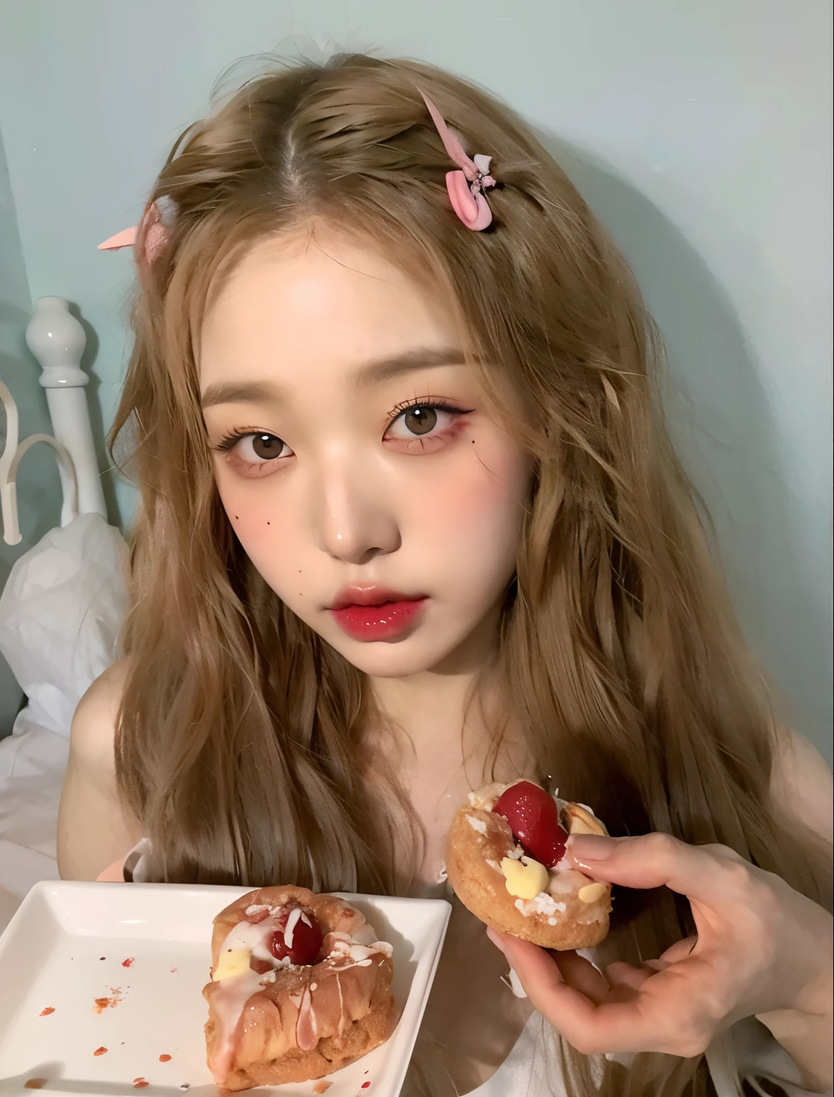 there is a girl holding a plate of food and a donut, ulzzang, Retrato realista kawaii, Mukbang, Dulce conejita ultrarrealista, maquillaje popular de Corea del Sur, Hermosa Delphine, Yanjun Chengt, Jossi de Blackpink, Lalisa Manobal, comer pasteles, pale porcelain white skin, pale fair skin!!, maquillaje coreano popular, Fairycore