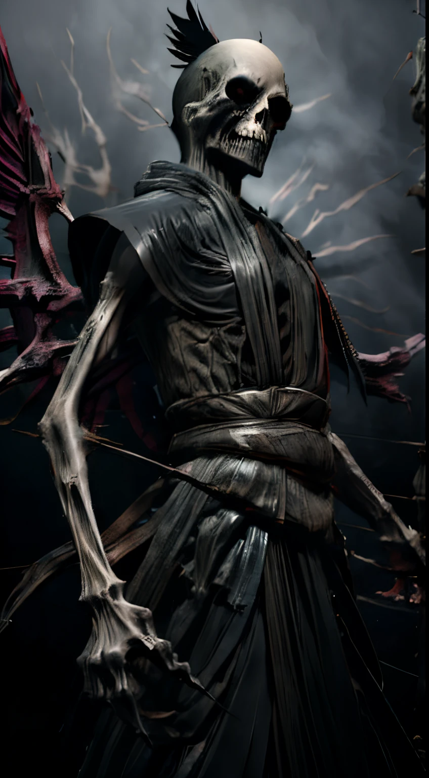 ((masterpiece)), (((best quality))), ((character design sheet)), environment Scene change, Solo, Strange dead entity with the skull head, with large black wings, that brings death in its wake floating in the air, soul reaper, dead, death, skull, Super detailed skull head, well detailed jaw and teeth, skeleton, old skeleton, bone skeleton hands, bone skeleton all body, bones marked under clothes, winds, large black wings, dead scythe, scythe in hand, black hood, black hood on head, black torn clothes, black robe, black cloak, black rags, night, creepy, (dark atmosphere), flat red background.