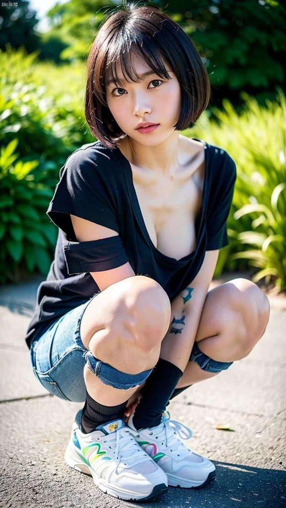 (Best Quality, 8K, 32K, masutepiece, nffsw:1.2),Photo of Pretty Japanese woman,18 years old,Black short hair,l(advance:1.3),Squatting,(From above:1.ov.., Loose T-shirt,(Denim shorts:0.8),Detailed small breasts,Nipple slip,Wearing sneakers,Outdoors