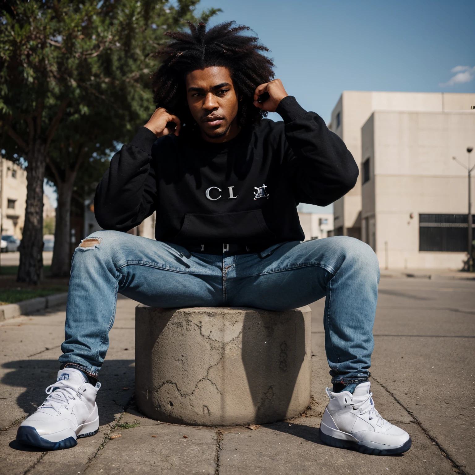 Please create a animated black man with a afro with black eyes where and Amiri shit and Amiri jeans and Jordan 11s shoes