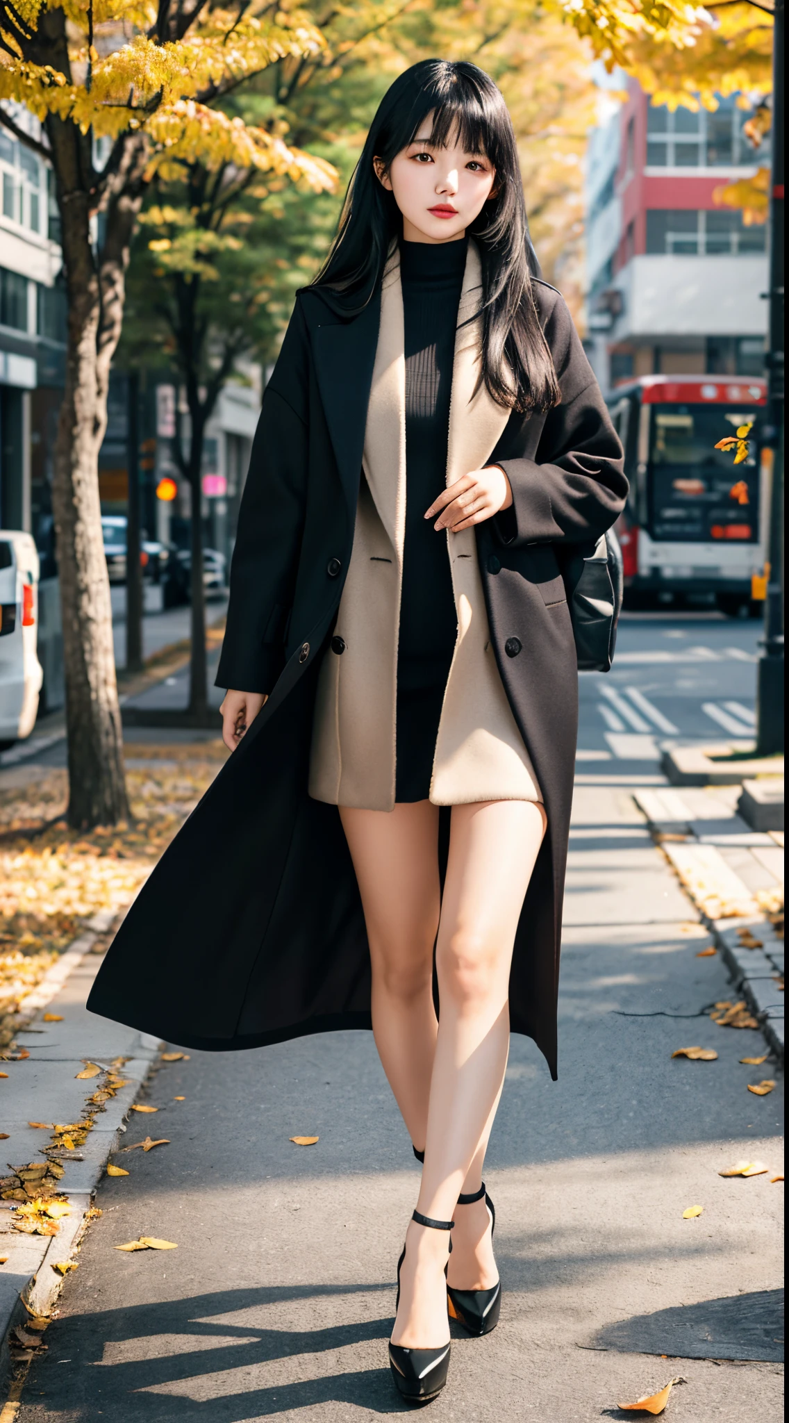 20岁女孩,beautiful Girl,Wear an overcoat,Wear high heels, Long black hair,With bangs, (The upper part of the body:1.2), Autumn leaves, Outdoor activities, volumettic light, Cinematic, golden time, natural lightting, realisticlying, natural lightting, professional DSLR camera,