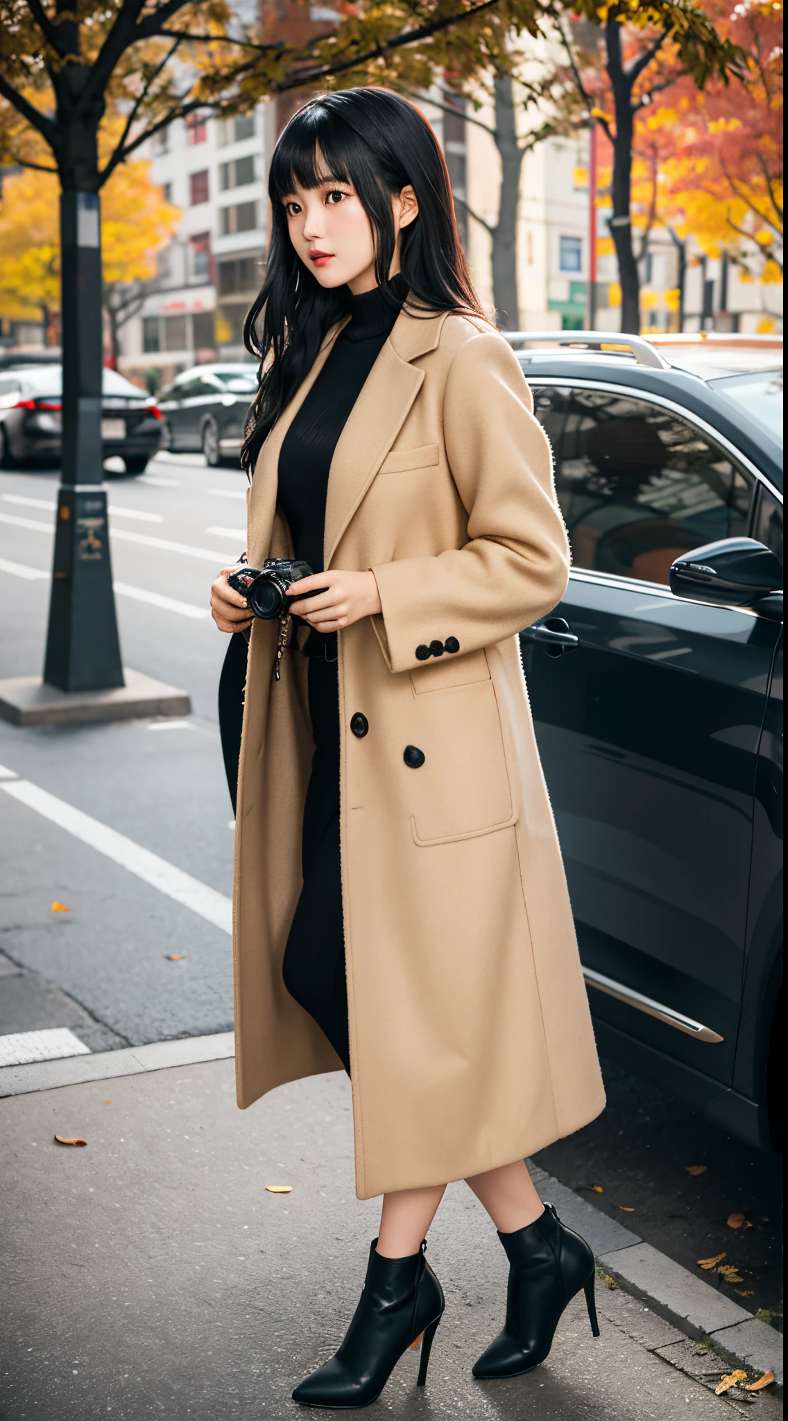 20岁女孩,beautiful Girl,Wear an overcoat,Wear high heels, Long black hair,With bangs, (The upper part of the body:1.2), Autumn leaves, Outdoor activities, volumettic light, Cinematic, golden time, natural lightting, realisticlying, natural lightting, professional DSLR camera,