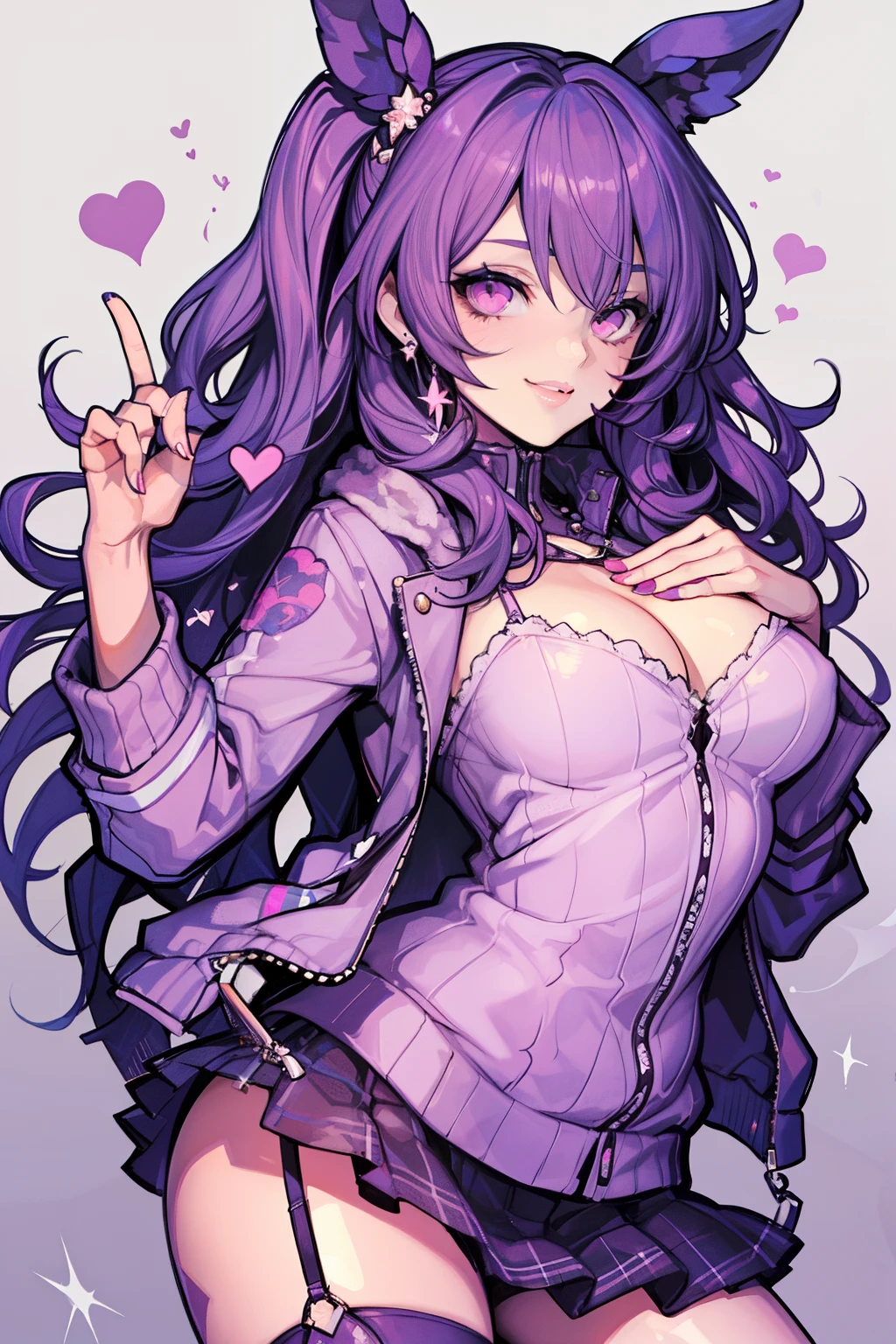 Lots of hearts, ty woman, sparkly eyes, False lashes, Pink lips, A smile, a miniskirt, camisole, Thumb and four fingers, Anatomically correct fingers, detail portrayal, No exposure, jaket, many red hearts, heart mark,