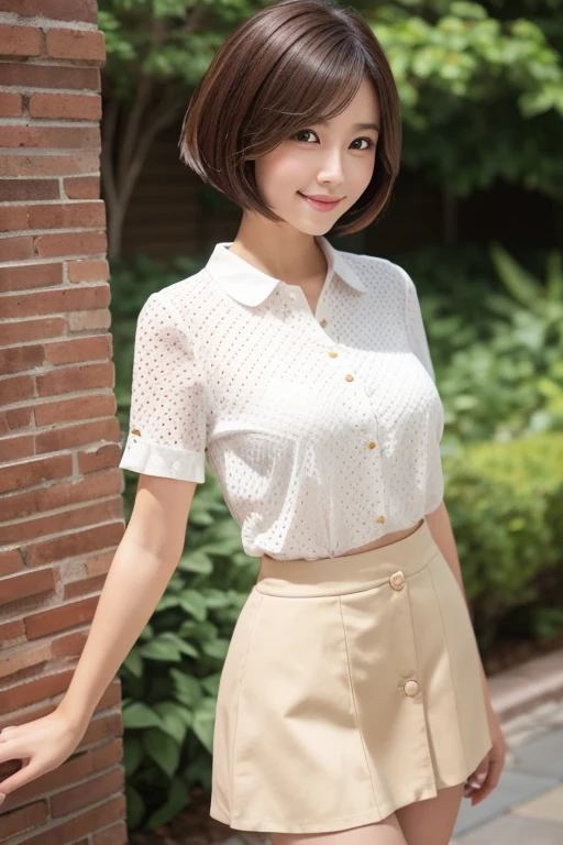 Beautiful and neat Japanese woman,detailed bodyline,thin beauty,lean body,Small,Smaller chest,big breasts thin waist,full body front shot,frontage,Standing,Rest your feet,White sandals,healthy thighs,healthy calves,A detailed face,elongated facial contour,a little bit smile,Looking at the camera,skinny cheeks,Round chin,Slender eyes,Beautiful eyes,Golden eyes,short hair with invisible ears,Bob cut hair,a little brown hair,See-through polka dot short sleeve blouse,Navel Ejection,Fluttering white mini skirt,Brick wall