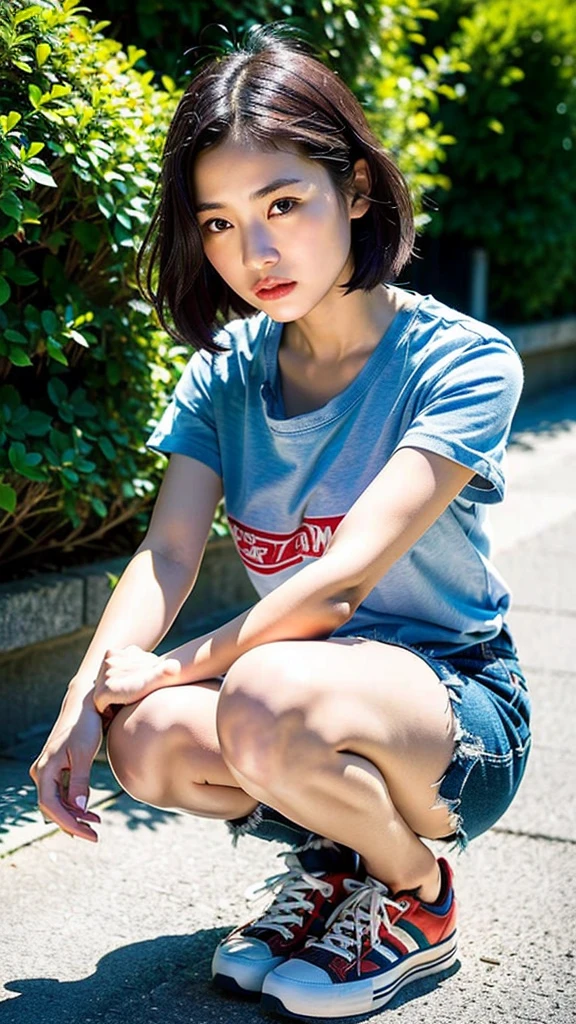 (Best Quality, 8K, 32K, masutepiece, nffsw:1.2),Photo of Pretty Japanese woman,Black short hair,Beauty face,(Leaning forward:1.3),Squatting,(From  above:1.2),(close up:1.4),POV,Loose T-shirt,Big breasts beautiful breasts:0.9),Outdoors,Windy,Shiny skin,Blurry background,