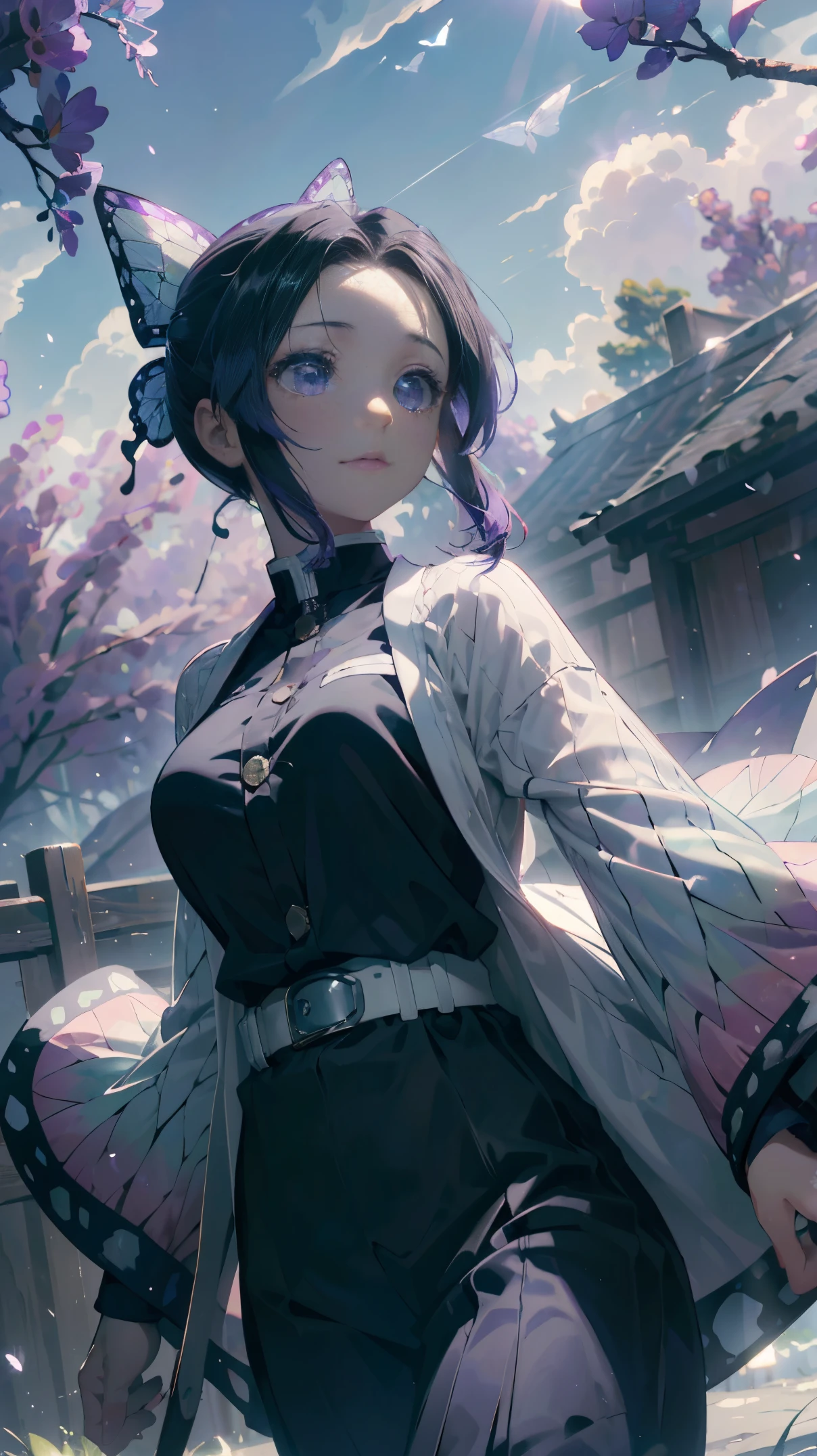 Ultra-realistic 8k CG,masterpiece,((ultra-detailed background, delicate pattern, intricate details)),best quality,very detailed face,extremely detailed eyes and face,extremely detailed eyes,kochou shinobu,multicolored hair,no bangs,hair intakes,purple eyes,forehead,black shirt,black pants,haori,butterfly,buttons,belt,(Garden:1.2),purple flower,chibi,cloudy sky,sunlight,Tindal effect,gradient_sky,face,Gorgeous sky,Waist Sabre,Charming posture,