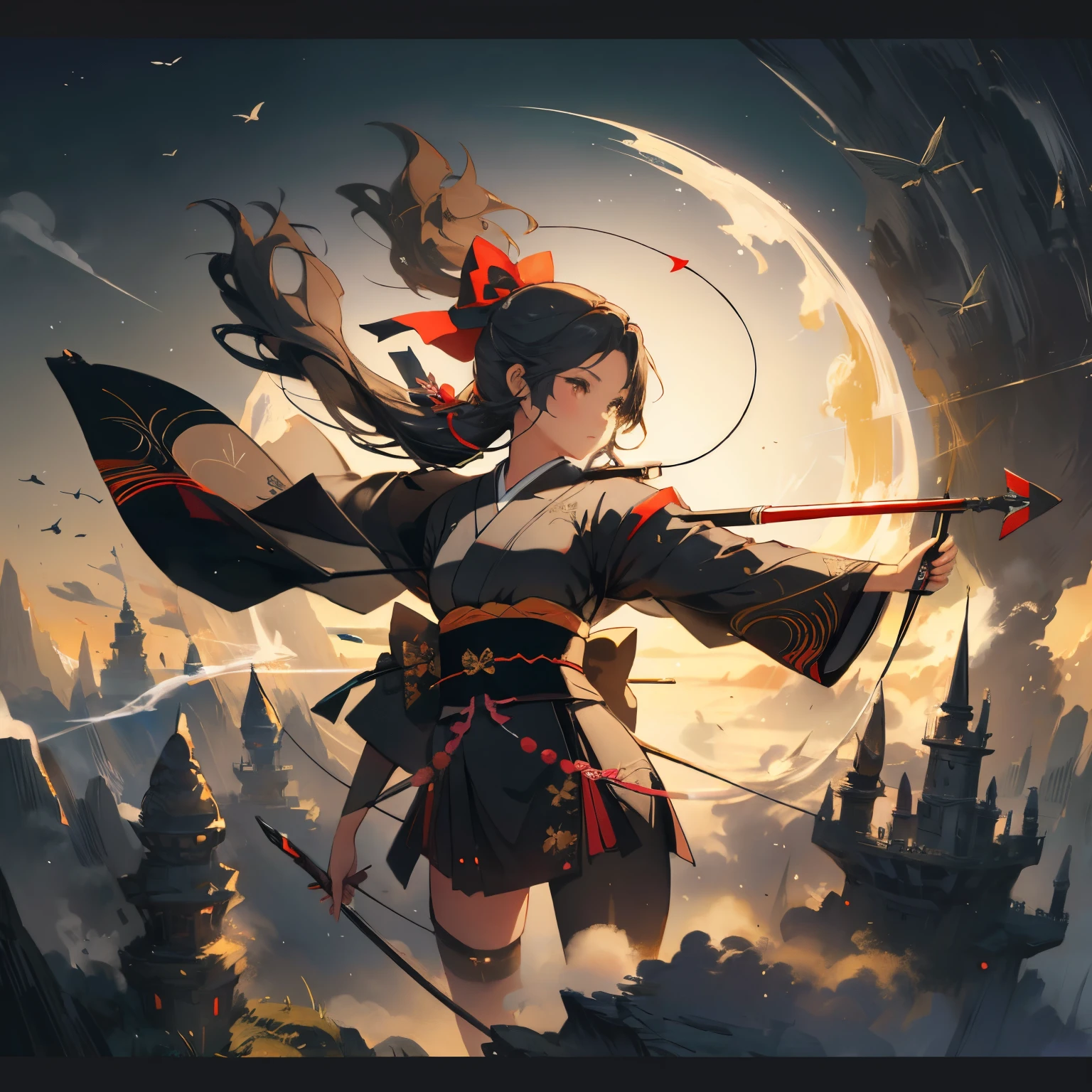 a close up of a person with a bow and a bow in the air, surrealistic digital artwork, beautiful digital artwork, bow and arrow, archer bow, 4k highly detailed digital art, symmetrical epic fantasy art, digital artwork 4 k, 4k detailed digital art, with bow and arrow, dramatic artwork, wide angle fantasy art, fantasy digital art, artistic illustration, dark smoke,kimono,