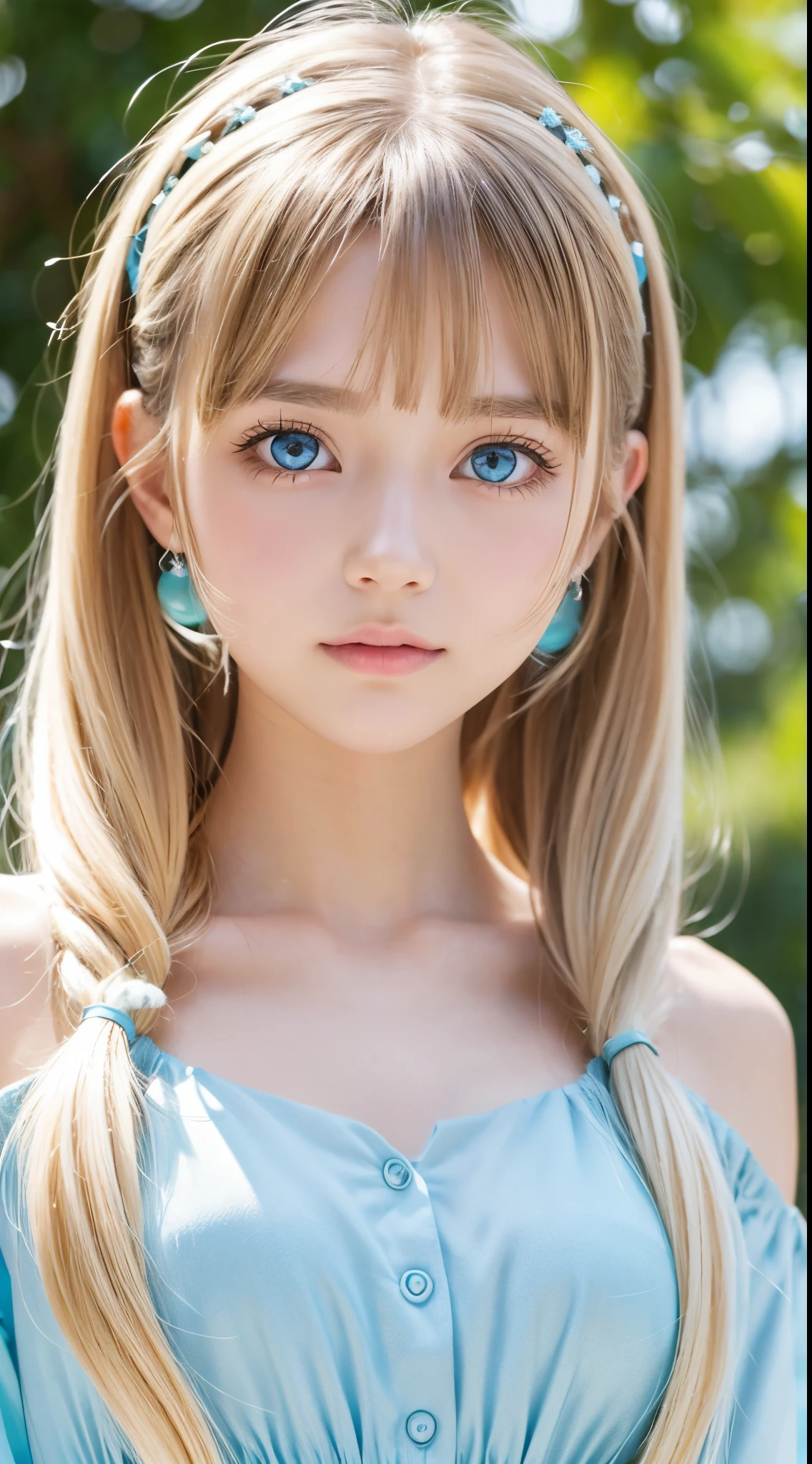 Twintails are sexy, so her face.., extemely cute and beautiful、shiny very beautiful skin、Beautiful disheveled bangs、Very beautiful and cute sexy bright sky blue eyes、very big eyes beautiful very long shiny silky blonde hair、18 years old petite, an extremely beautiful and cute girl、Gloss Face、Teak Gloss、White beautiful skin、white dress, cyan decorations,