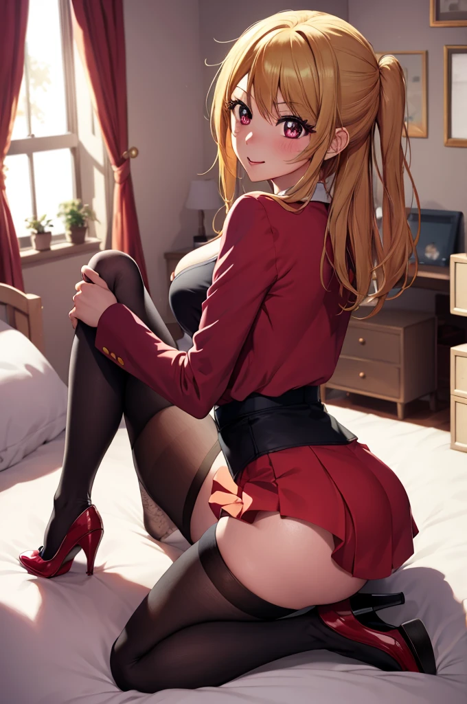 anime, beautiful face, highly detailed face, detailed perfect eyes, perfect hair, perfect lips, accurate arms, accurate hands, perfect legs. highly detailed background, perfect lighting, full bod,y, 1girl, solo, ruby hoshino, ruby, oshi no ko, bedroom, heels, blonde hair, thighhighs, stockings, bedroom, absurdres, high res, ultrasharp, 8K, masterpiece, looking at viewer, (sexy pose:1.4), (full body:1.5), horny face, teasing face, school outfit, school uniform, skirt, cleavage, stockings, sitting down, sitting away from viewer, looking back over her shoulder, view from behind, ass view
