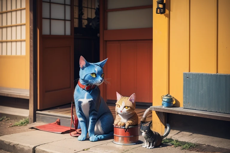 Paint, tiny blue cat,autumn, metal cap, dark moose, Cat wearing a red collar,put on metal shoes, Blue and red eyes,Hanging golden bell, Japanese Style, Nobita in yellow shirt holding a cat