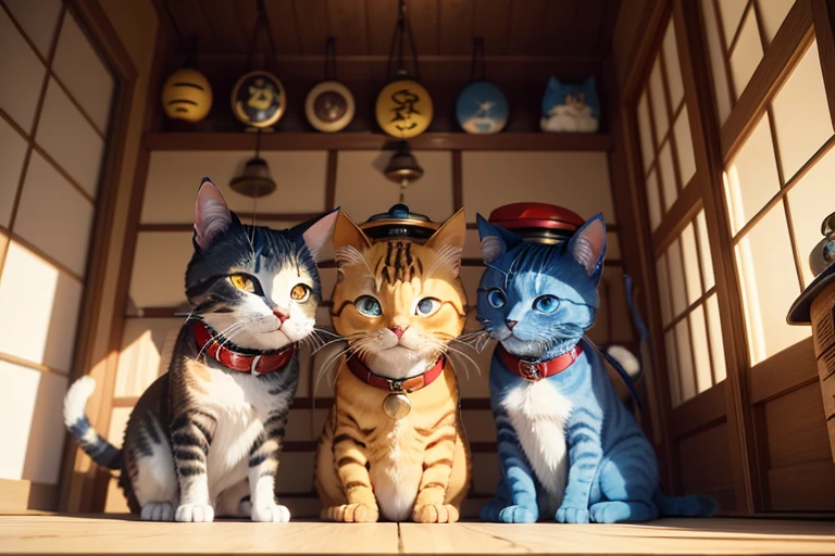 Paint, tiny blue cat,autumn, metal cap, dark moose, Cat wearing a red collar,put on metal shoes, Blue and red eyes,Hanging golden bell, Japanese Style, Nobita in yellow shirt holding a cat