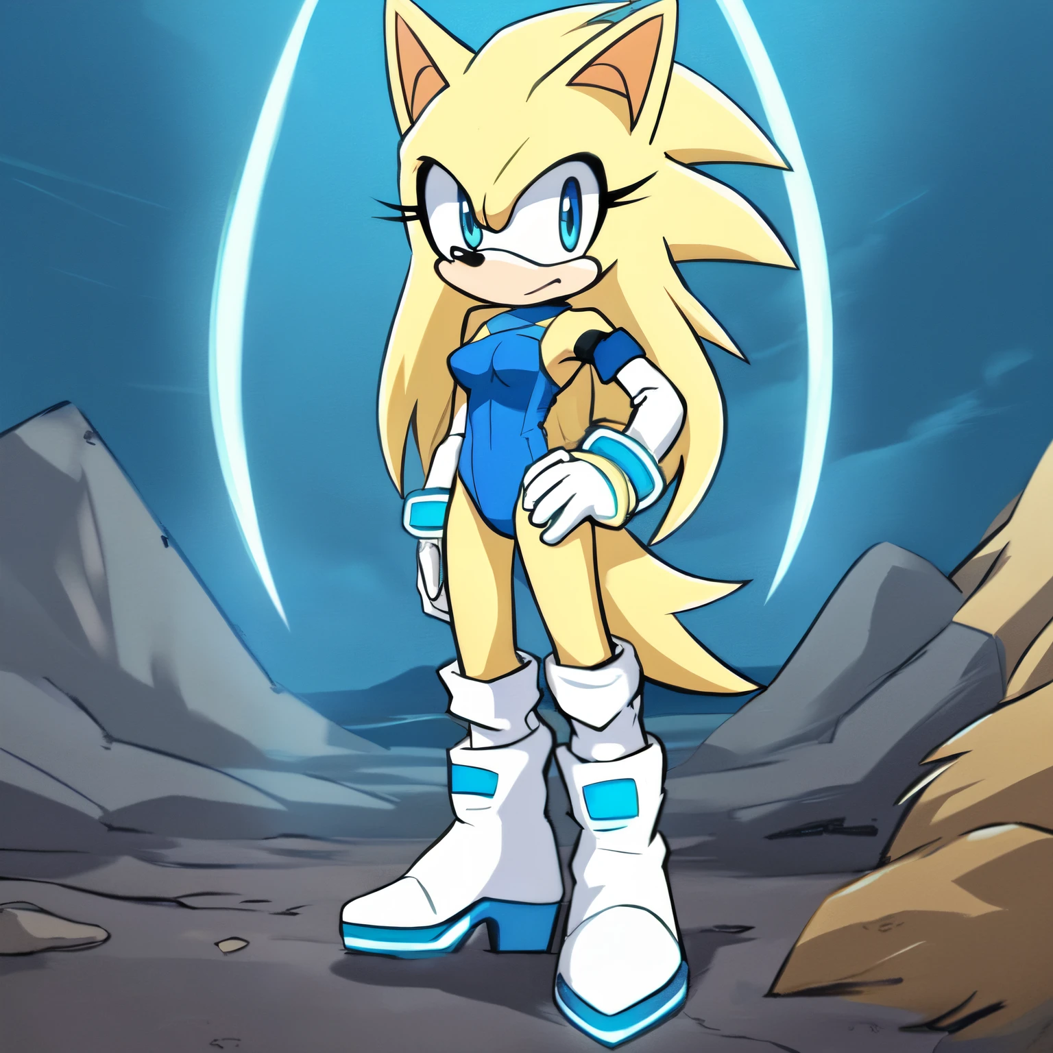Female, Mobian, Hedgehog, one hand on hip, (((2D Anime Style))), (solo), (1girl), high quality digital art, black and blue neon lines sketch art, wasteland and semi-cloudy sky background, a blonde furred female anthropomorphic Hedgehog, has glowing light blue eyes, (((light blonde fur))), standing up, (((VERY long blonde quills/hair))), (large and long hair bangs), wispy lines, futuristic white and light blue leotard, knee high boots, white arm warmers, white gloves, average sized breast, serious but slightly nervous, (facing viewer)