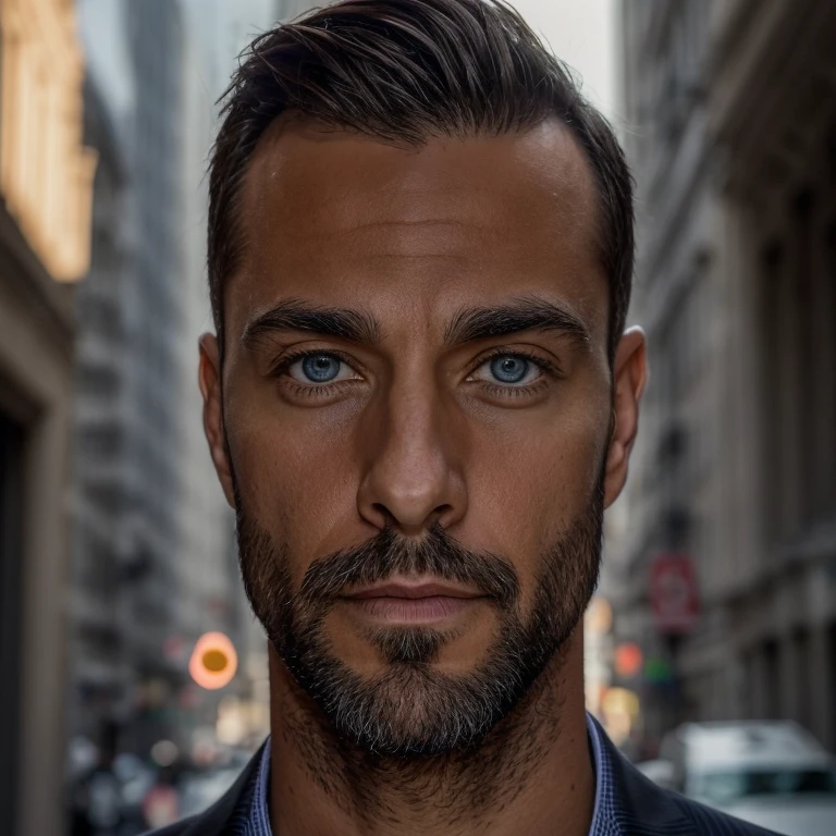 photography of a man, in his 40's, wearing a suit, has little of stubble on his face, looks into the camera, symmetrical eyes, symmetrical face, photorealistic, photography, path tracing, specular lighting, volumetric face light, path traced hair, visible shadows, intricate, elaborate, hyper realistic