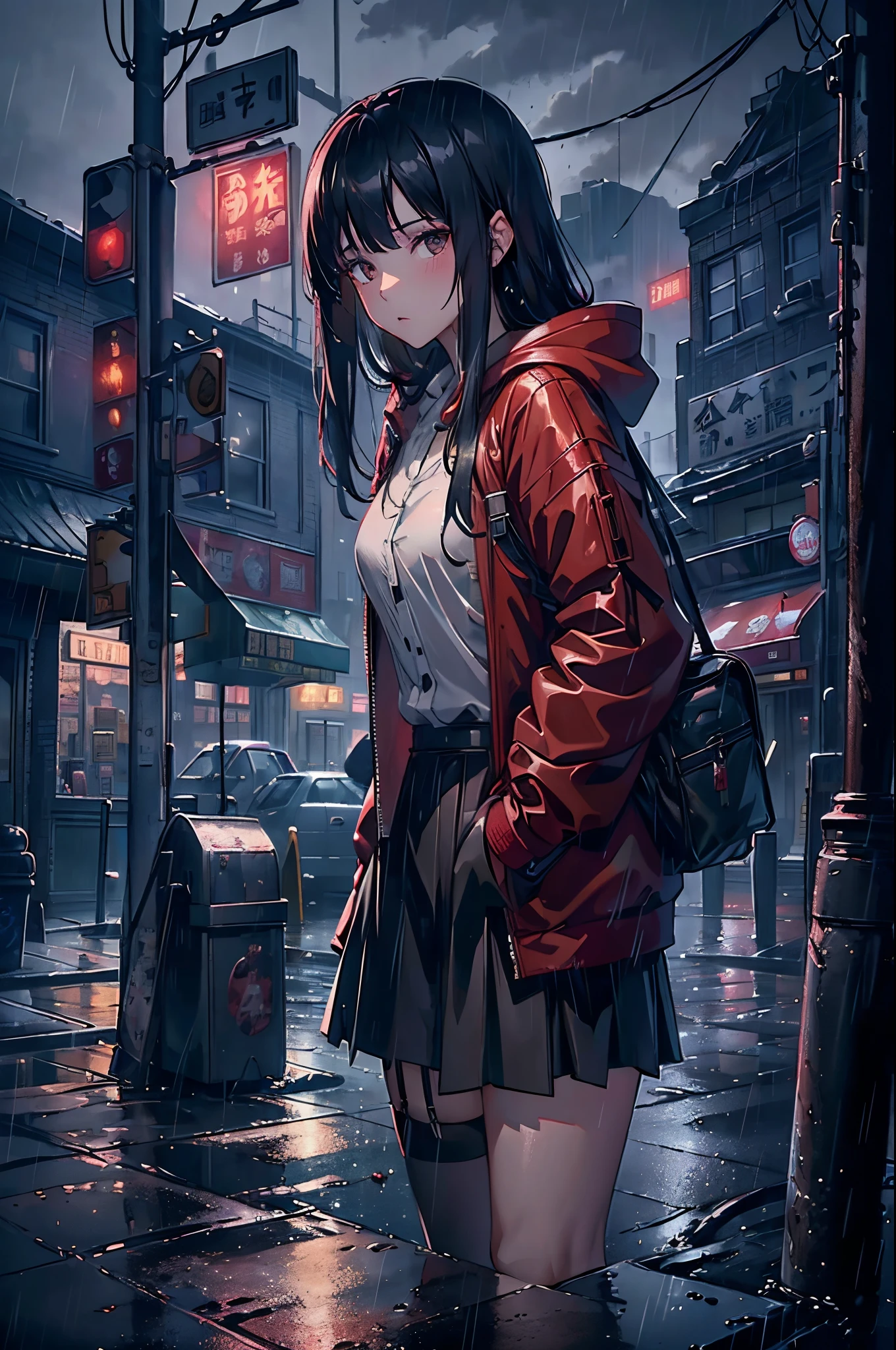 8K，tmasterpiece，Best quality，hyper-detailing，realistically，realistically，Extremely detailed face，电影灯光，电影灯光，ray traycing，unlit hair， On cloudy streets，Corner store，Bus stop，Buoggy and heavy rain，Girl with long black hair and black eyes.。She is wearing a red hooded jacket，White color blouse，Short black skirt and black garter belt，Clothes soaked by rain，Black exposure，depth of fieldtent ），Cinema lens lighting