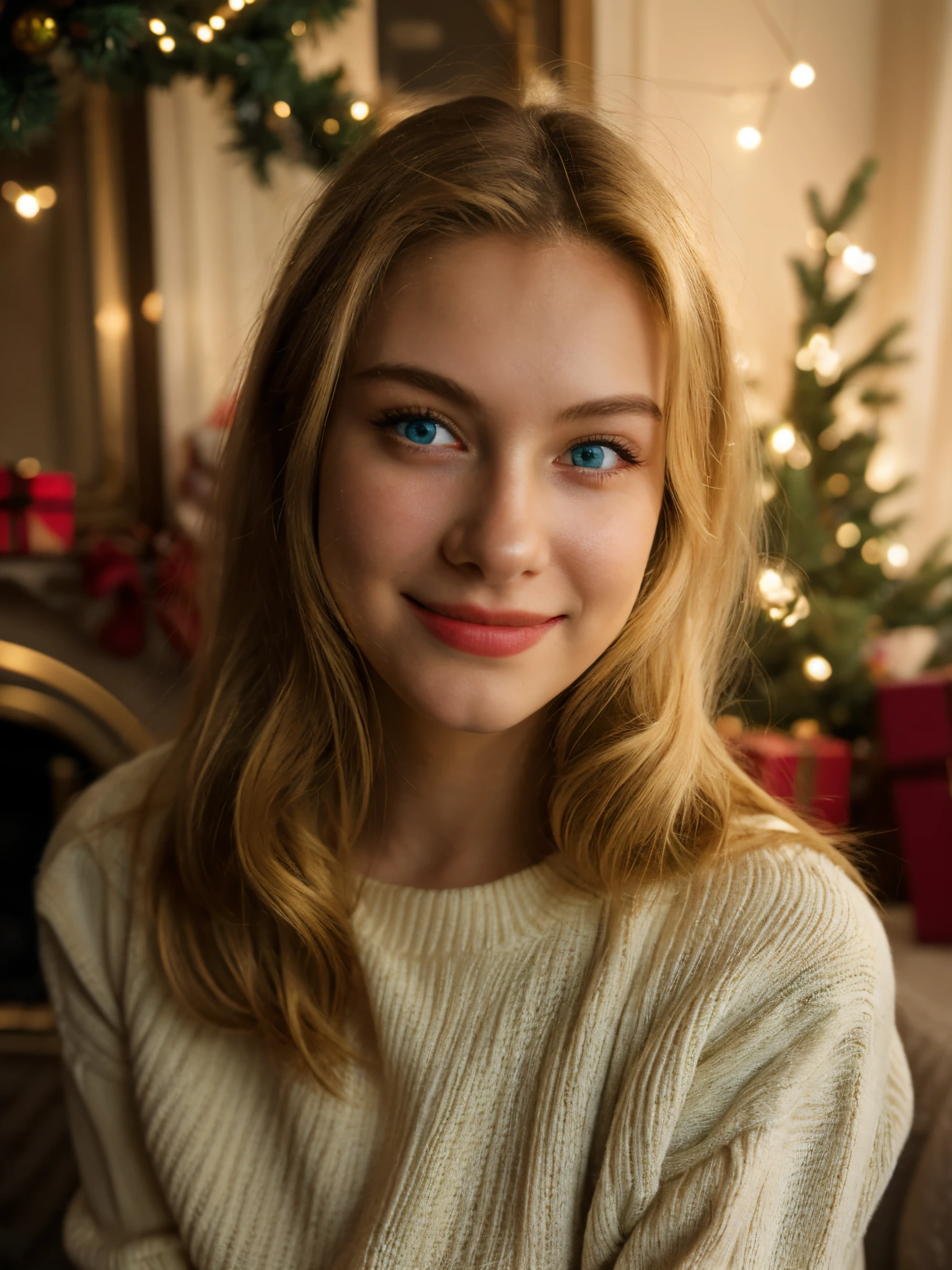 1girl, solo, smile, blue eyes, blonde hair, looking at viewer, christmas tree, long hair, sweater, realistic, christmas, blurry, white sweater, indoors, upper body, christmas ornaments, blurry background, lips