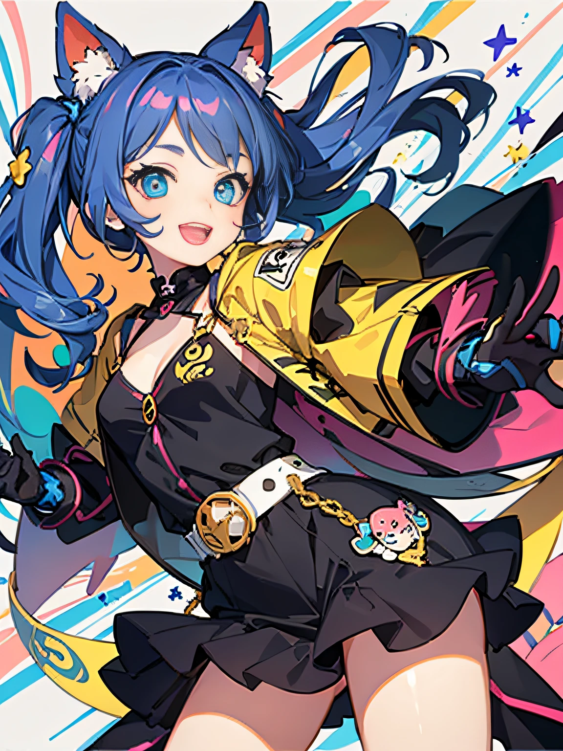 1 girl,17 years old,(Cartoon style:1.4),Bright smile,Well-formed face,Dynamic pose,Cute,Pop,Full body,Colorful hair,Big eyes,(Ink design background:1.3),Colorful clothes based on white