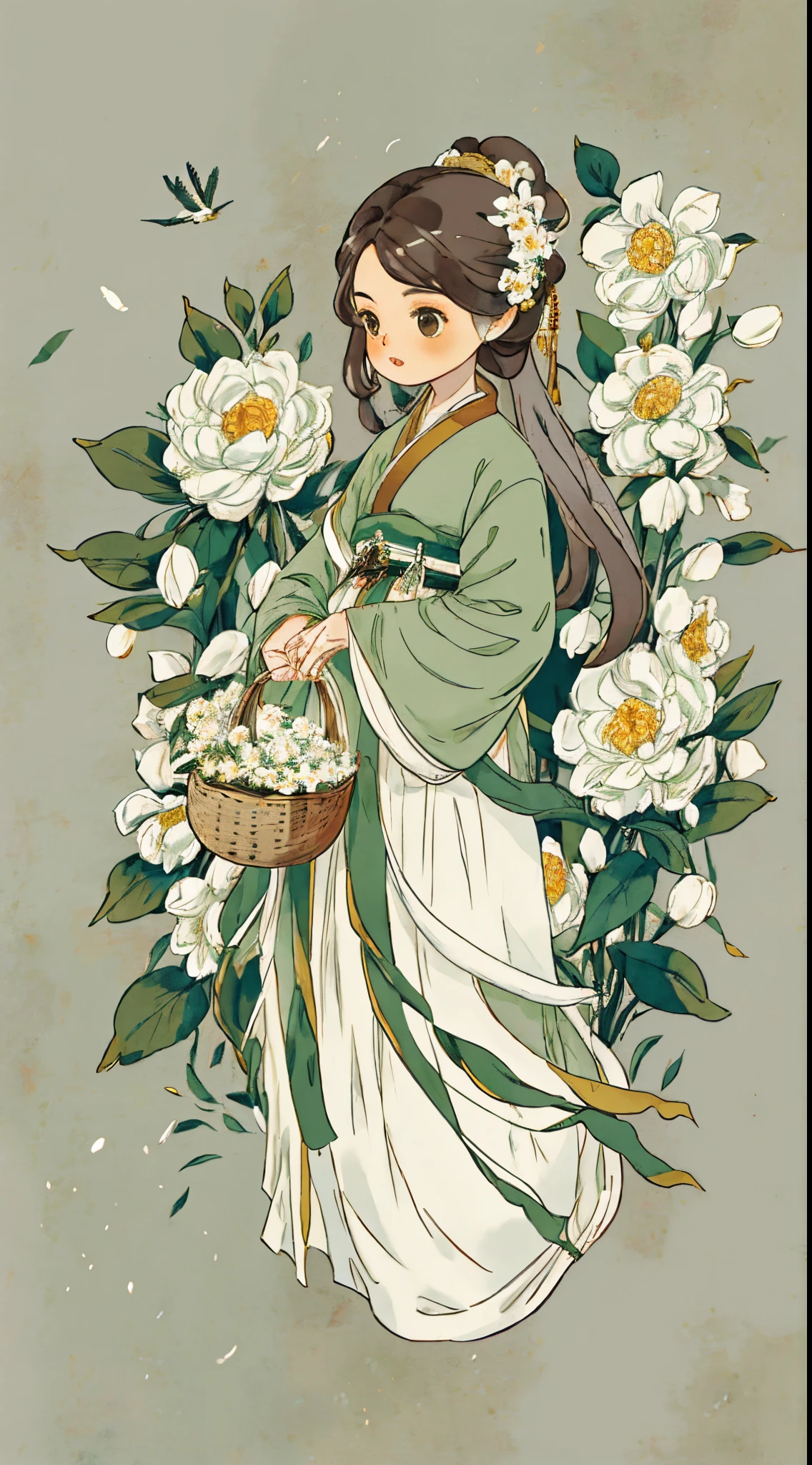 1 sister, Alone, Long gray hair,   Background with, Brown hair, hair adornments, longer sleeves,  Full body lesbian, Flowers, hairflower,  Chinese clothes, White flowers, That bird, Green dress,  holding basket, Hanfu,