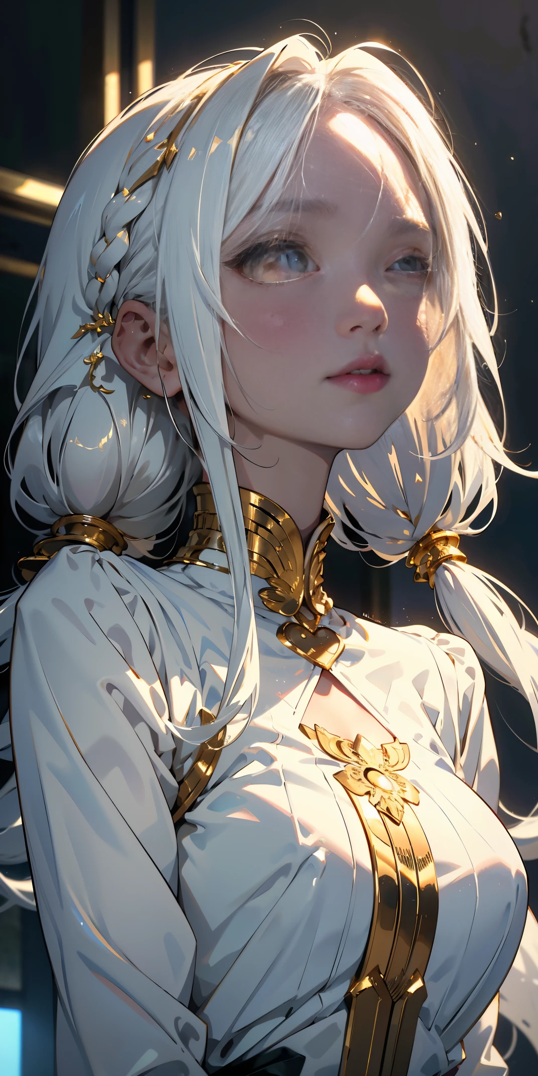 best quality, masterpiece,white hair, gold eyes,white clothes, looking up, upper body,hair strand,Fair skin,side braids