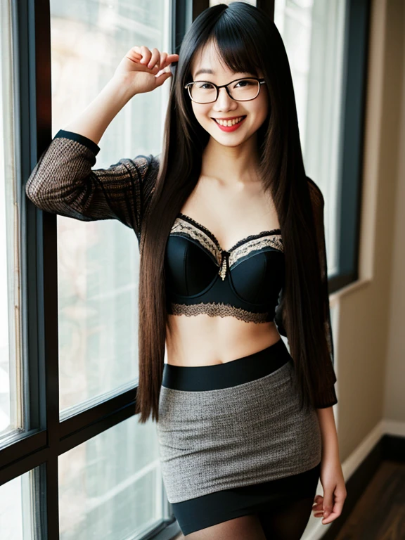 asian, glasses, tights, sexy bra, pencil skirt, smile, sexy pose, long straight hair, long legs