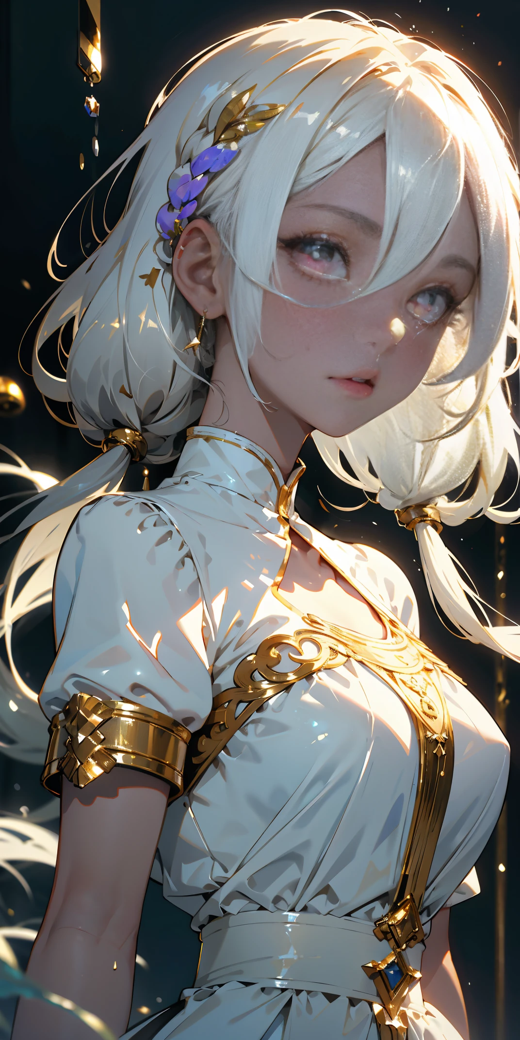 best quality, masterpiece,white hair, gold eyes,white clothes, looking up, upper body,hair strand,Fair skin,side braids