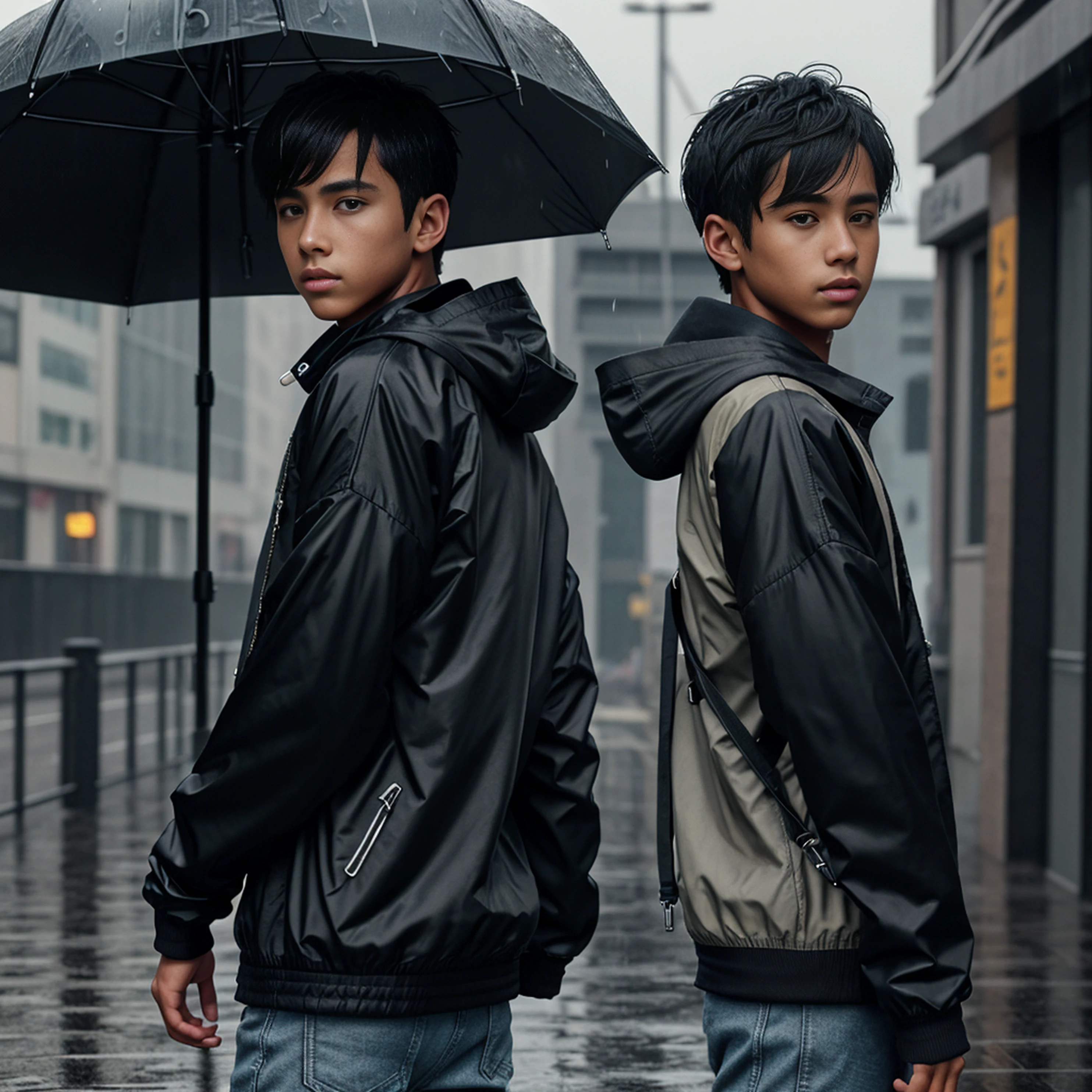 1boy, jacket, rain, outdoor, sweatshirt, open jacket, chain, backpack, looking at other, hair split in middle, tanned skin, boy gender, boy focus, trend in artstation, 8k resolution, highly detailed, anatomically correct, sharp image, digital painting, concept art, trend in pixiv, Makoto Shinkai style,