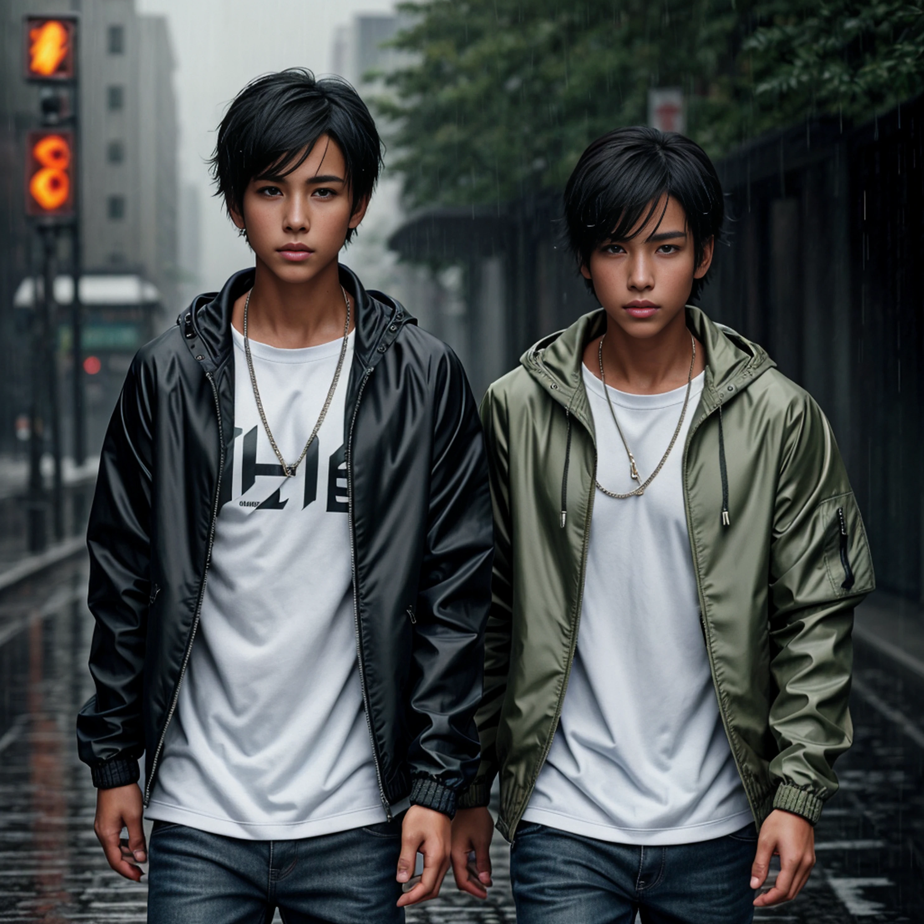 1boy, jacket, rain, outdoor, sweatshirt, open jacket, chain, backpack, looking at other, hair split in middle, tanned skin, boy gender, boy focus, trend in artstation, 8k resolution, highly detailed, anatomically correct, sharp image, digital painting, concept art, trend in pixiv, Makoto Shinkai style,