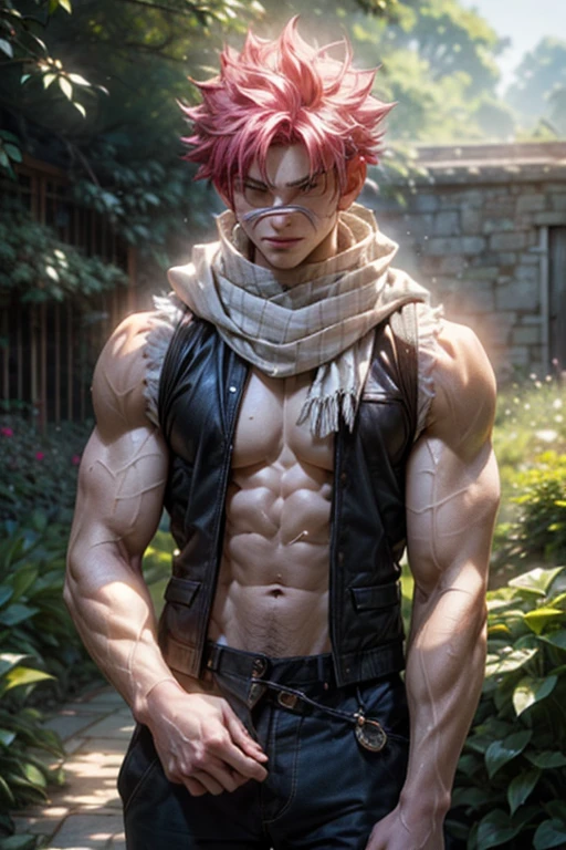 (best quality,highres,ultra-detailed:1.2), A muscular man Natsu Dragneel is standing in a garden (flexing:1.1). He is wearing a ( cut sleeve vest:1.2) and (white scarf:1.3) with visible chest and pecs, (bare chested:1.2, washboard abs:1.2, V-shape body:1.2). Natsu has extremely detailed facial features with beautiful detailed eyes, beautiful detailed lips, and long eyelashes. The garden surrounding him is filled with vibrant flowers and lush greenery. The garden has a vintage aesthetic inspired by the 1900s, with a touch of Zwxthejx's artistic style. The lighting in the scene is absolutely stunning, with gorgeous natural light illuminating the garden, creating a warm and inviting atmosphere.