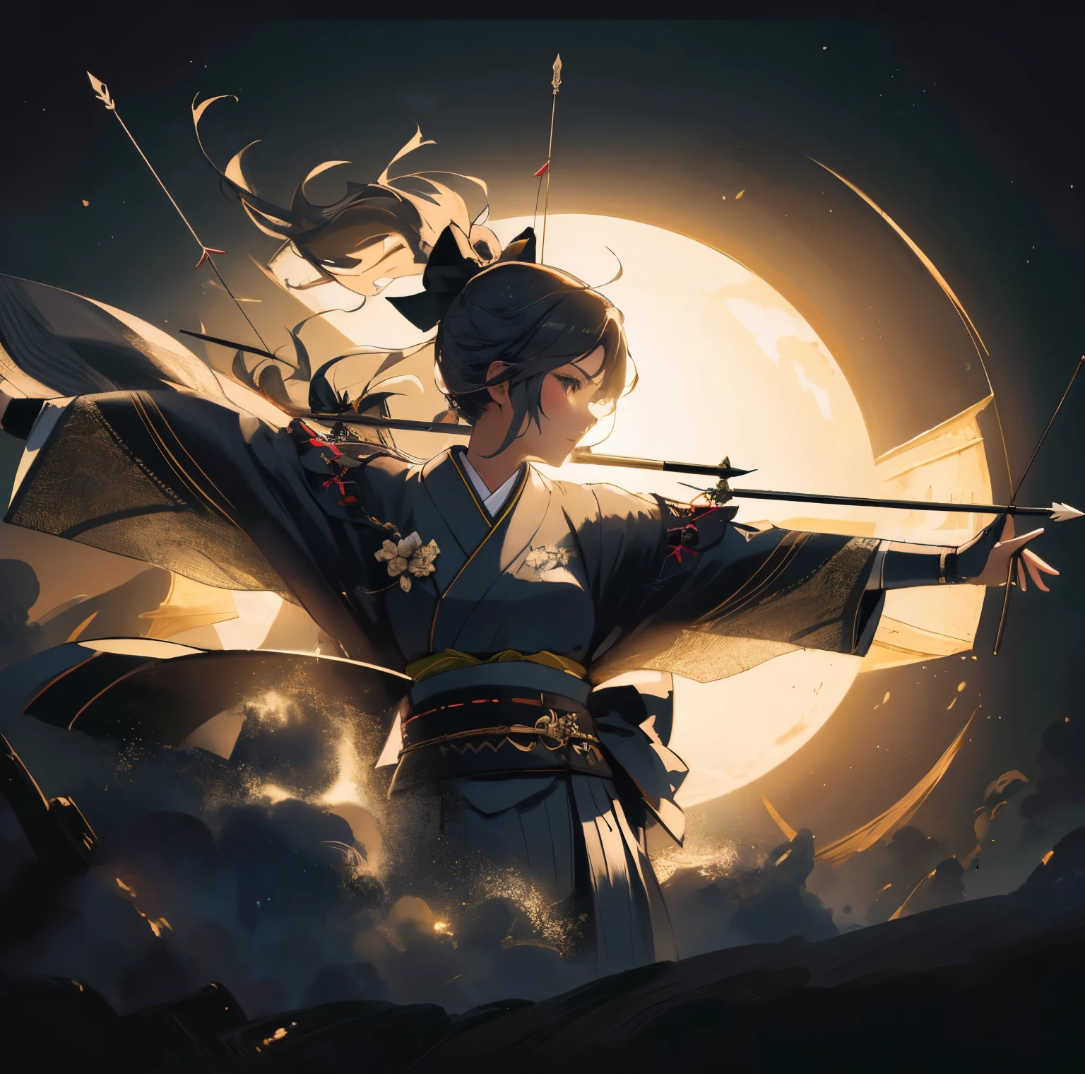 a close up of a person with a bow and a bow in the air, surrealistic digital artwork, beautiful digital artwork, bow and arrow, archer bow, 4k highly detailed digital art, symmetrical epic fantasy art, digital artwork 4 k, 4k detailed digital art, with bow and arrow, dramatic artwork, wide angle fantasy art, fantasy digital art, artistic illustration, dark smoke,kimono,