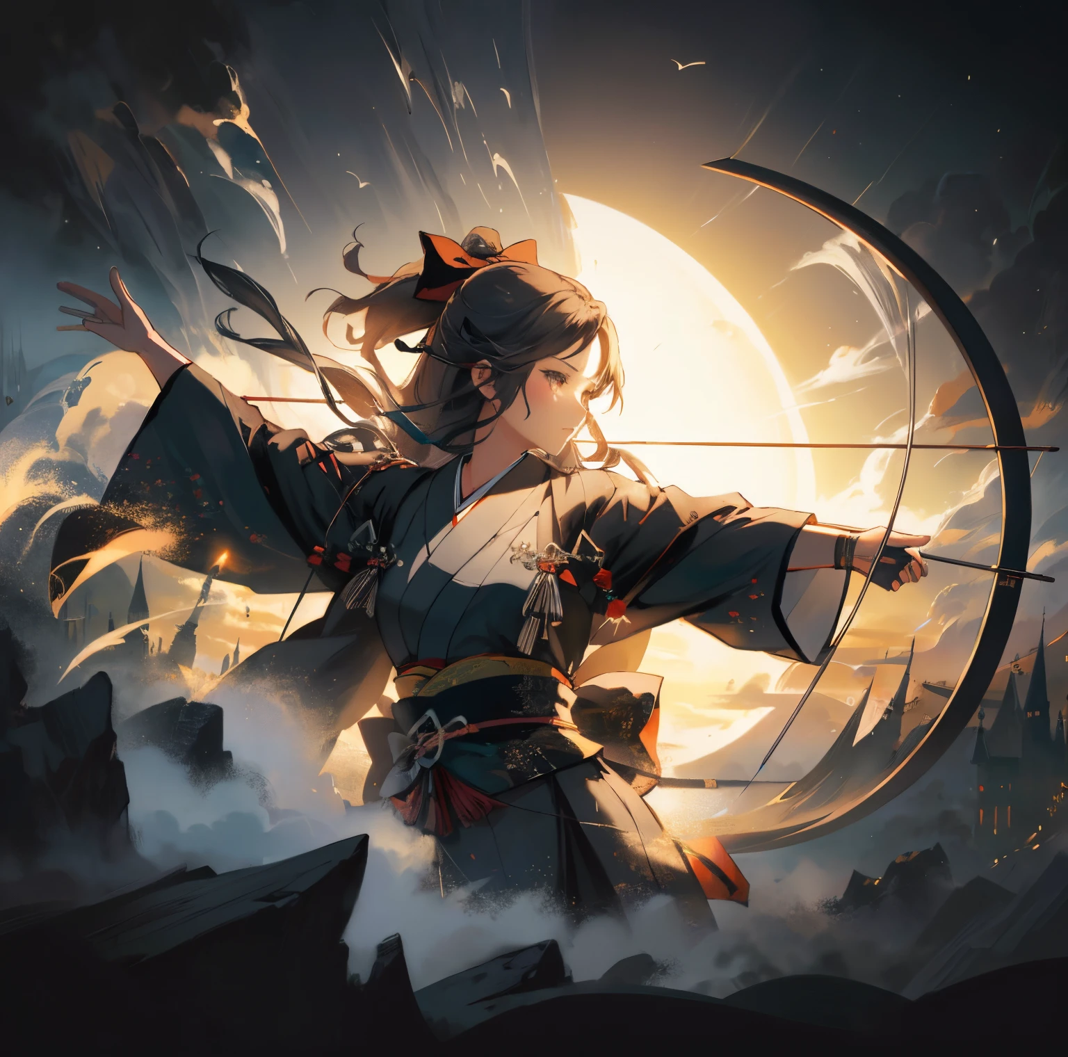 a close up of a person with a bow and a bow in the air, surrealistic digital artwork, beautiful digital artwork, bow and arrow, archer bow, 4k highly detailed digital art, symmetrical epic fantasy art, digital artwork 4 k, 4k detailed digital art, with bow and arrow, dramatic artwork, wide angle fantasy art, fantasy digital art, artistic illustration, dark smoke,kimono,