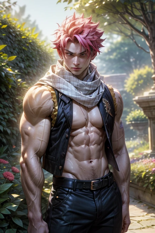 (best quality,highres,ultra-detailed:1.2), A muscular man Natsu Dragneel is standing in a garden (flexing:1.1). He is wearing a ( cut sleeve vest:1.2) and (white scarf:1.3) with visible chest and pecs, (bare chested:1.2, washboard abs:1.2, V-shape body:1.2). Natsu has extremely detailed facial features with beautiful detailed eyes, beautiful detailed lips, and long eyelashes. The garden surrounding him is filled with vibrant flowers and lush greenery. The garden has a vintage aesthetic inspired by the 1900s, with a touch of Zwxthejx's artistic style. The lighting in the scene is absolutely stunning, with gorgeous natural light illuminating the garden, creating a warm and inviting atmosphere.