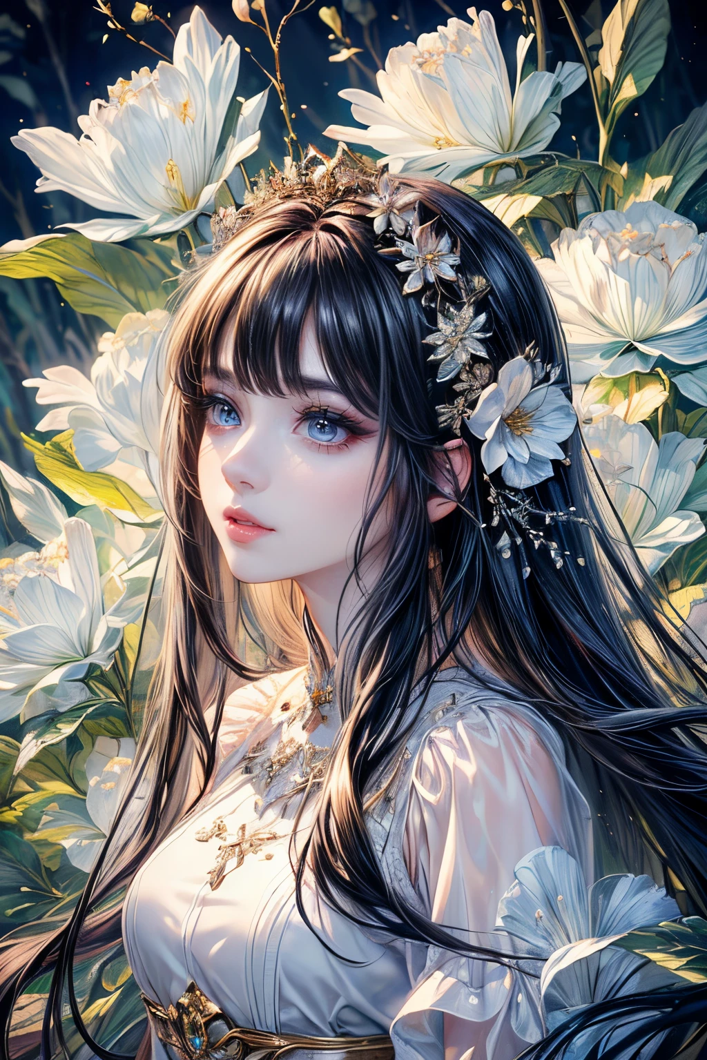 (best quality,8K,CG,detailed upper body,lonely girl,floral dress,forest background,detailed facial features,elegant black long hair,almond-shaped eyes,detailed eye makeup,fluttering long eyelashes,widely blinking big eyes,twinkling stars,complex lip details,soft and harmonious style)