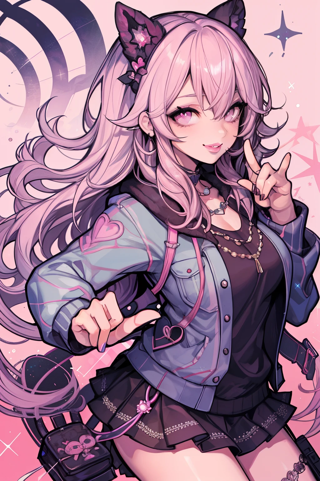 A cartoon girl with long hair and a cat ear is posing - SeaArt AI