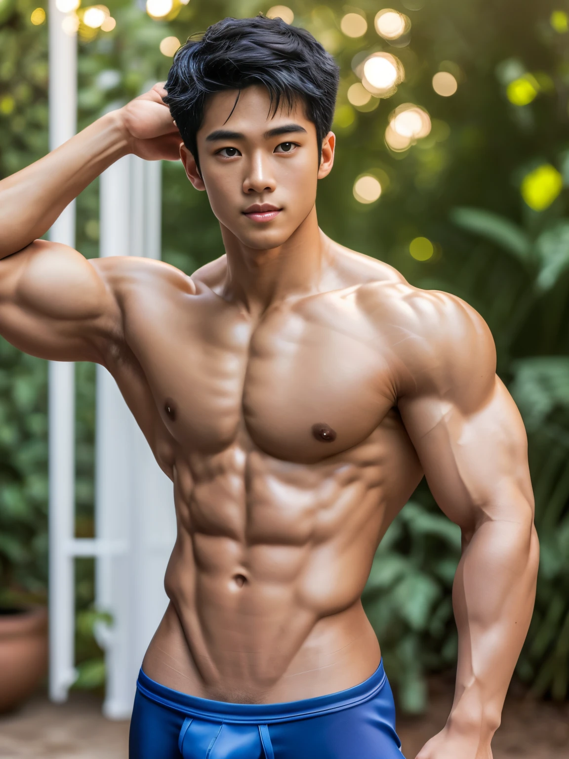 1boy, vietnamese male, afro-asian, a handsome muscular boy, male model, wearing nothing, full naked, posing and flexing, dynamic poses, very beautiful, wide shoulders, narrow waist, puffy chest, pink nipples, sexy and cute, mesomorph body type, smooth hair, short hair, detailed eyes, confident cocky smile, sly, mischievous, modeling, posing, huge bulge, bulge, perfect hands, pubic hair, sexy and cute, realistic skin, smooth, white skin, aesthetics, perfect hands, (photo by adonisjing, realistic, photorealistic, masterpiece, highest quality, perfect lightings), outdoors