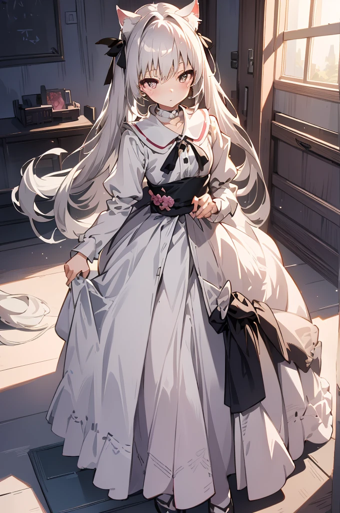 Best Quality, One Girl, Warm Lighting, Silver Hair on the Top of the Head and Pink at the Tips, Cute, Anime, Sheer White Skin, Asian Girl, Full Body, Sensual, Gentle Eyes, Cat Ears, Animation, Fantasy, Seductive, Shy Face, 14 Years Old, Frightened, White Dress, Collar, Tail, Wizard, Fantastic, Portrait