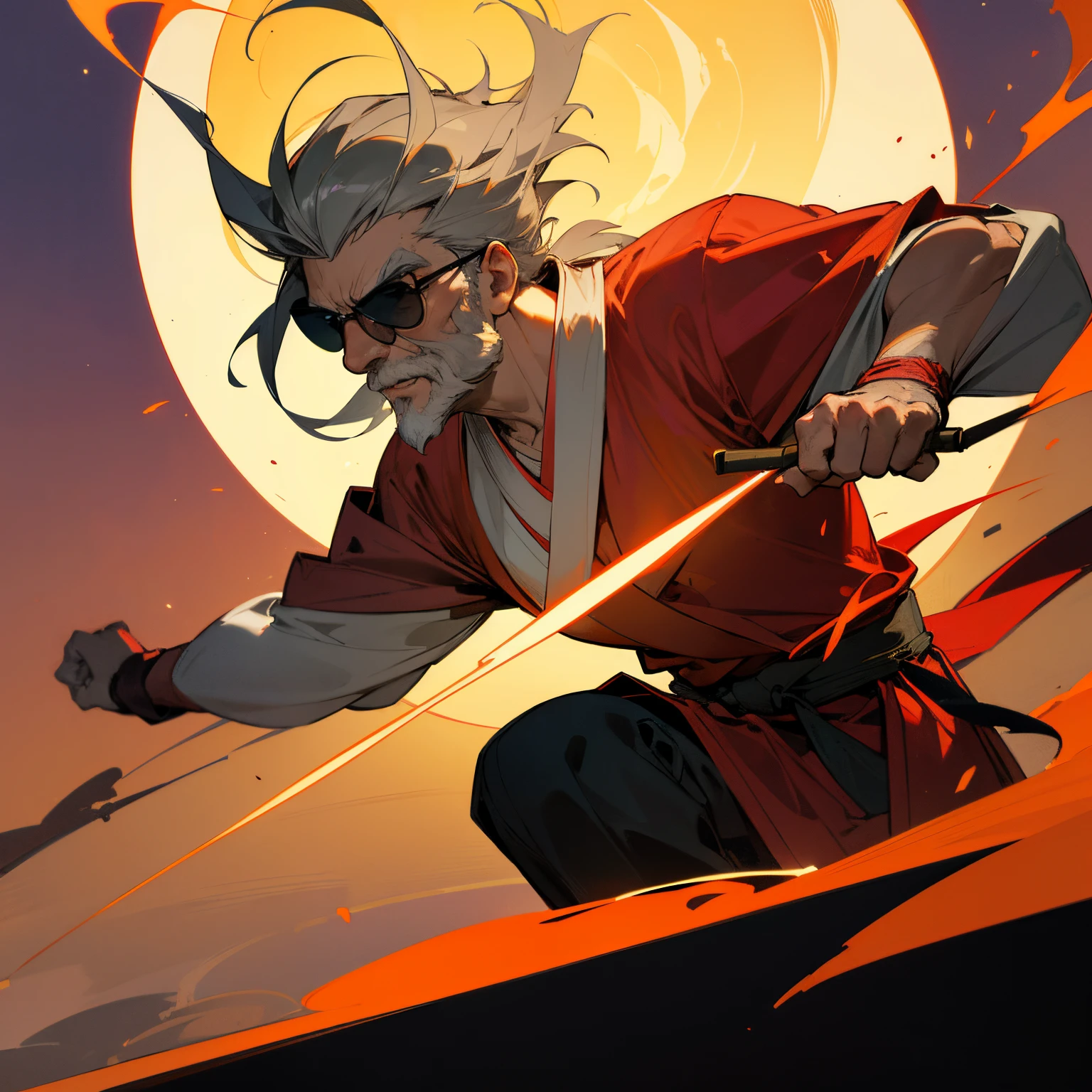 (best quality,4k,8k,highres,masterpiece:1.2),ultra-detailed,old man,red martial arts dao,sunglasses,wrinkled face,gray hair,wise expression,traditional clothing,serene garden,ancient architecture,crimson sunset,soft shadows,powerful stance,master of martial arts,aged with wisdom,calm demeanor,strong physique,majestic aura,stoic presence,vivid colors,rich textures,harmonious composition,painterly style,ethereal lighting