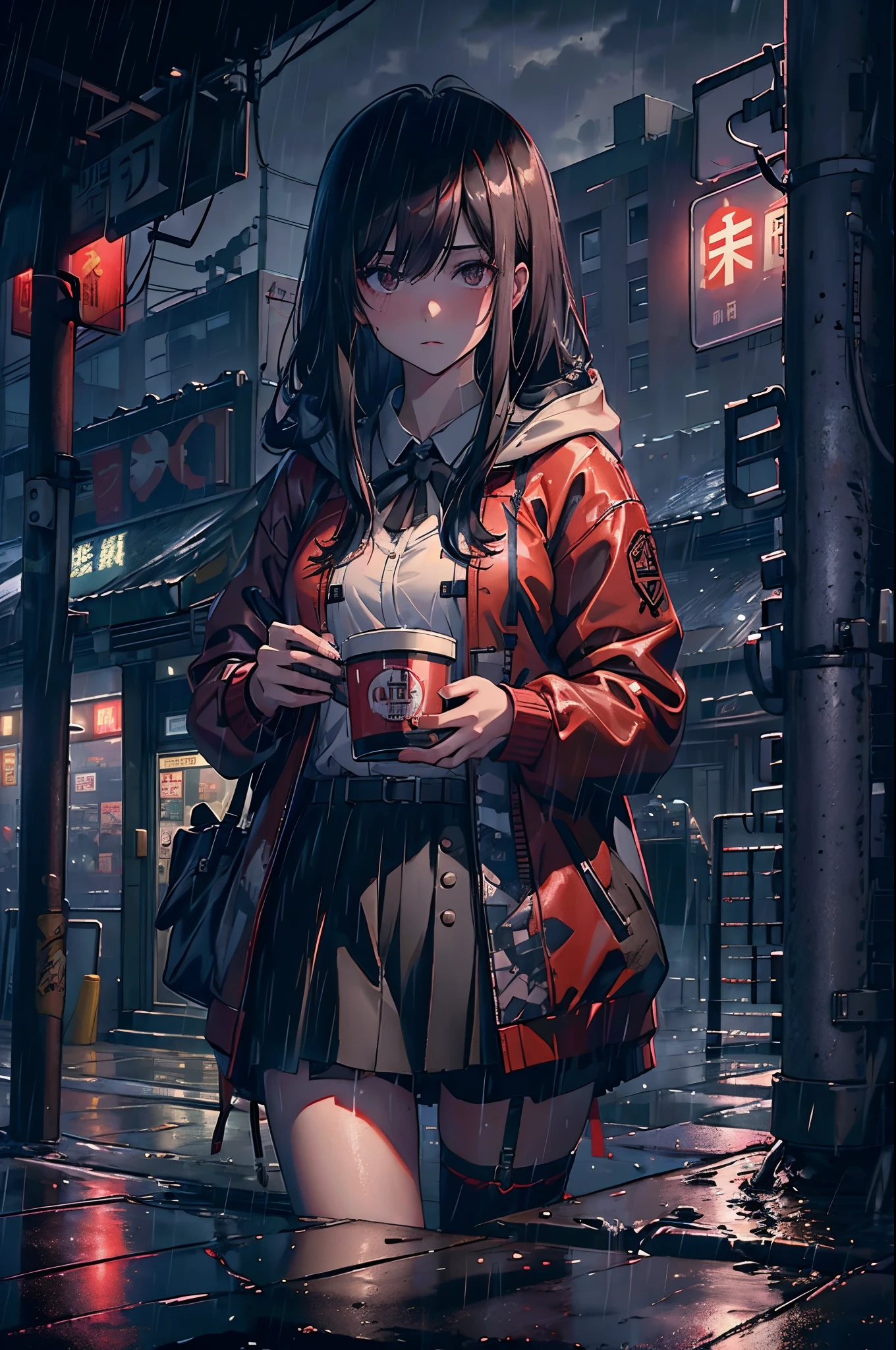 8K，tmasterpiece，Best quality at best，hyper-detailing，realistically，realistically，Extremely detailed face，电影灯光，电影灯光，Ray traching，unlit hair， on a cloudy street，Corner store，Bus stop，foggy and heavy rain，A girl with long black hair and black eyes.。She is wearing a red hooded jacket，White color blouse，Short black skirt and black garter belt，Clothes soaked by rain，Black exposure，depth of fields（degree ），Cinema lens lighting