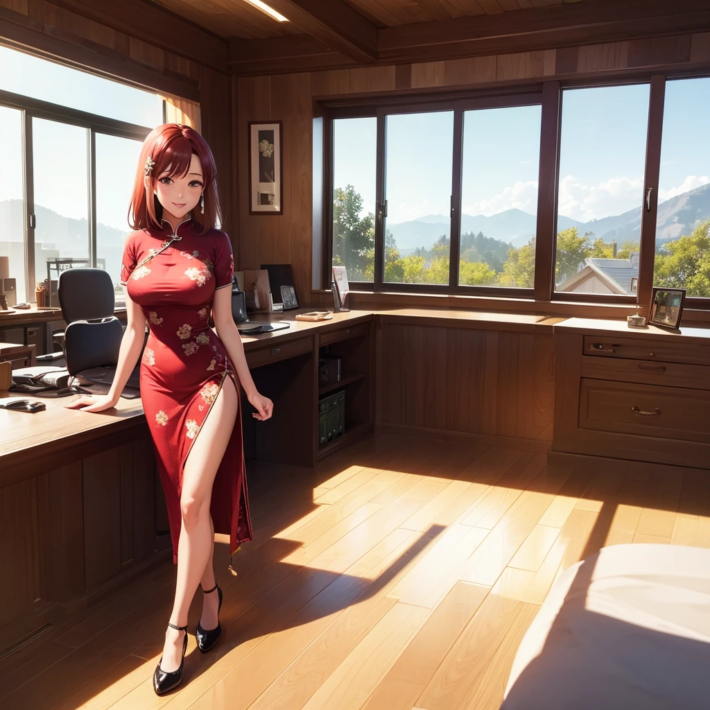 Masterpiece, Excellent, (Office: 1.8), CG drawing with super high detail, standing alone, Red hair, older lady, milf, In a dress, looks older, chinese dress, standing alone, in a cabin, smiling,