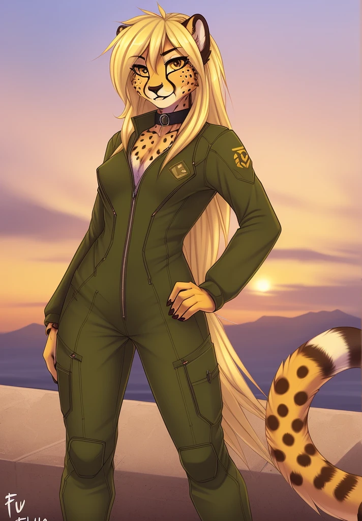 fluff-kevlar, by fluff-kevlar, anthro, ((cheetah)), female, ((1woman)), ((small breasts)), ((long hair)), ((blonde hair)), flight line, on e621, choker, detailed body, finely detailed eyes, finely detailed paws, female focus, (hair detailed correctly), Mihari, ((Olive Drab flight suit)), cheetah tail, ((fully dressed)), solo