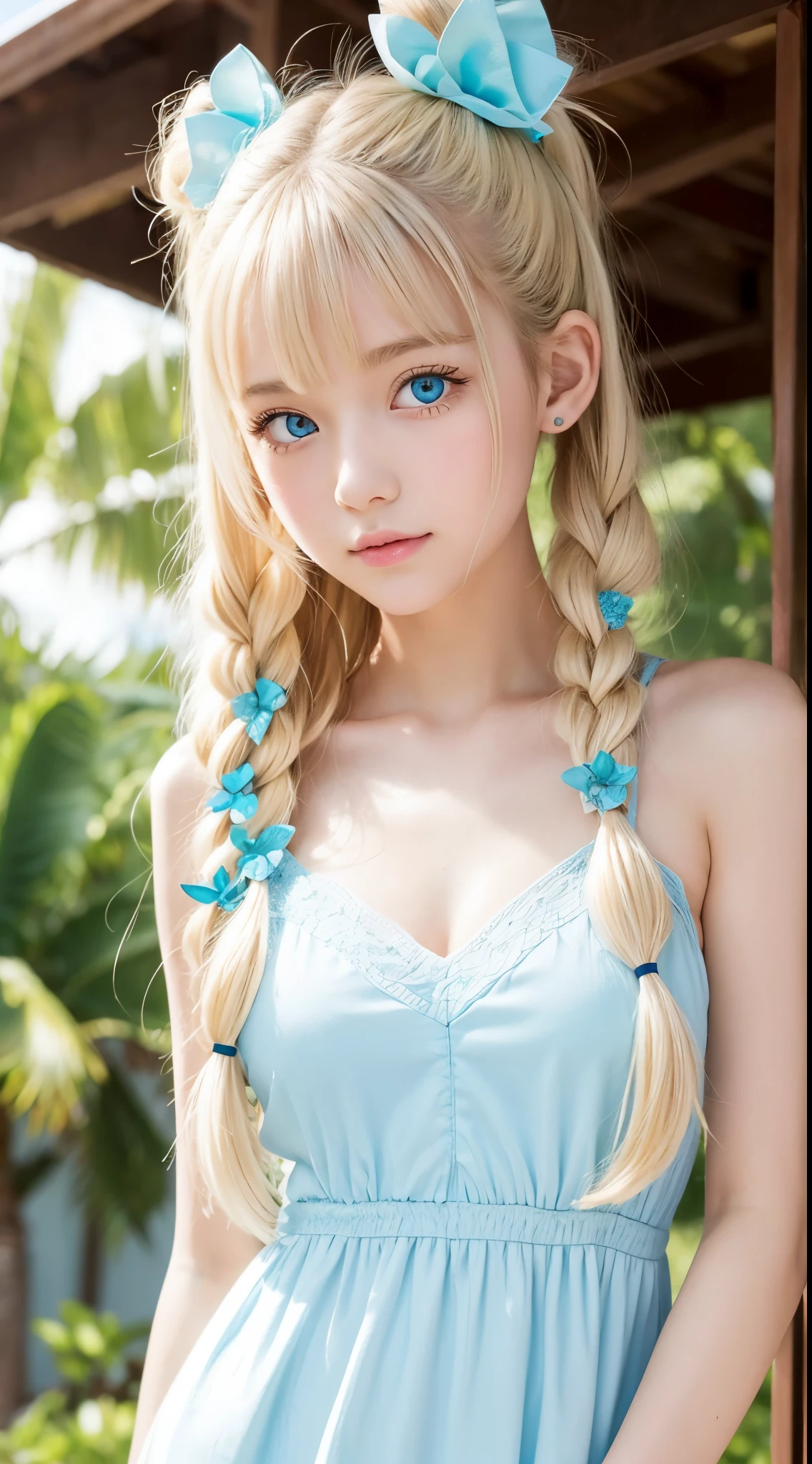 Twintails are sexy, so her face.., extemely cute and beautiful、shiny very beautiful skin、Beautiful disheveled bangs、Very beautiful and cute sexy bright sky blue eyes、very big eyes beautiful very long shiny silky blonde hair、18 years old petite, an extremely beautiful and cute girl、Gloss Face、Teak Gloss、White beautiful skin、white dress, cyan decorations, upper body shot,