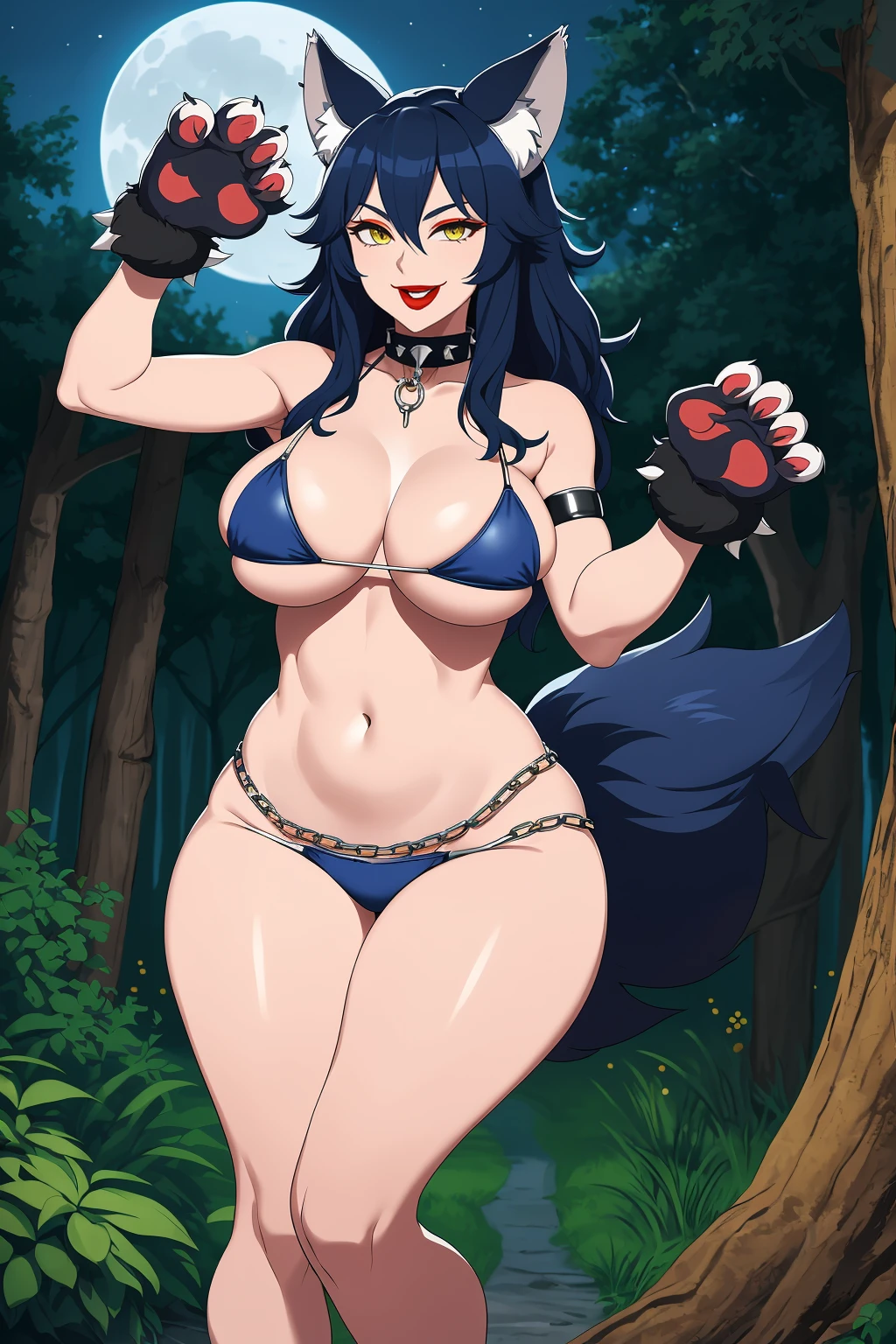 (milf) , (mature female) , (large breasts) , (wolf ears), (wolf tail) , dark blue hair, long dark blue hair, (messy hair), yellow eyes , (wide hips), ((thighs)), navel, crazy smile , ((red lips)) , open mouth , bikini, hand cuffs, spiked collar, (chains), (paws), (animal hands), arm gloves, fur trim, forest, woods, night, moon,