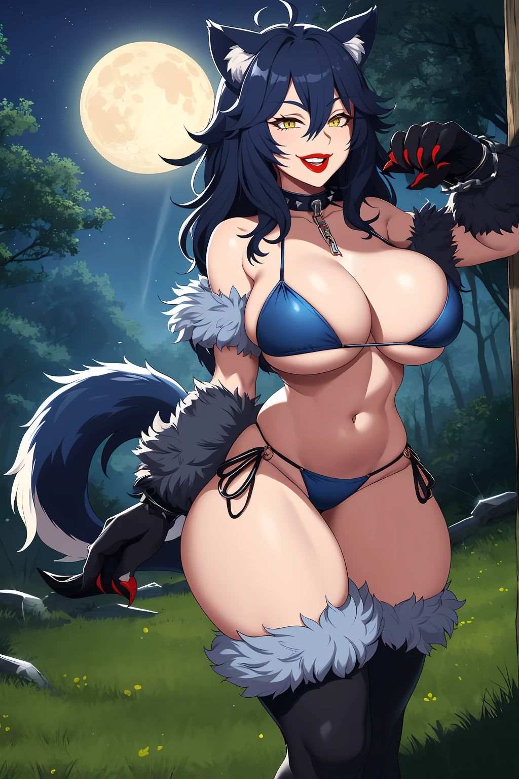 Arctic werewolf, female, long hair, gigantic breasts, gigantic thighs, gigantic hips, gigantic tail, boreal forest, nighttime, full moon,starry night 