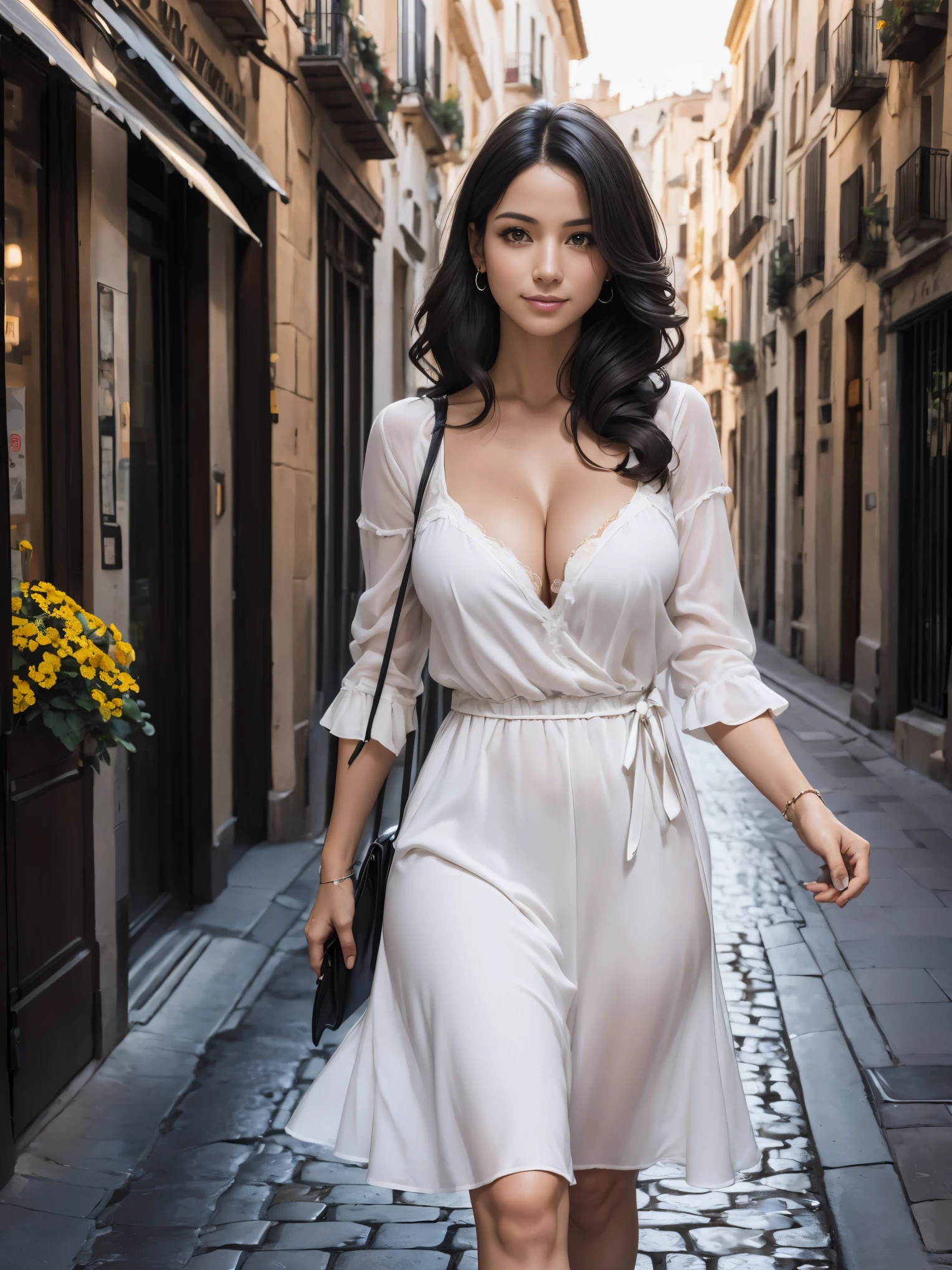 (Best Quality, Ultra-detailed, Realistic:1.3), solo French woman with large breasts and a thin body, long wavy black hair, olive skin, round dark green piercing eyes, wearing a white cotton sundress with yellow flowers that is translucent, she is walking on a cobblestone street in Barcelona, bright sunshine, beautiful maiden, cleavage, long hair, smiling