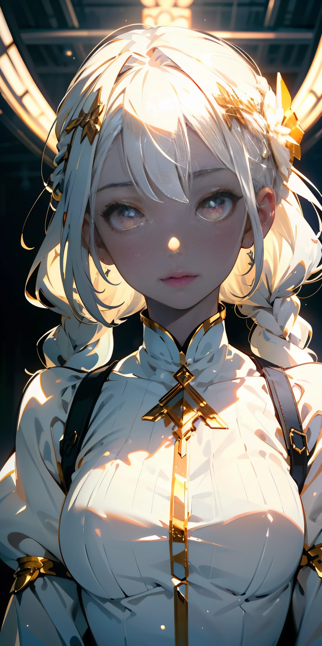 best quality, masterpiece,white hair, gold eyes,white clothes, looking up, upper body,hair strand,Fair skin,side braids