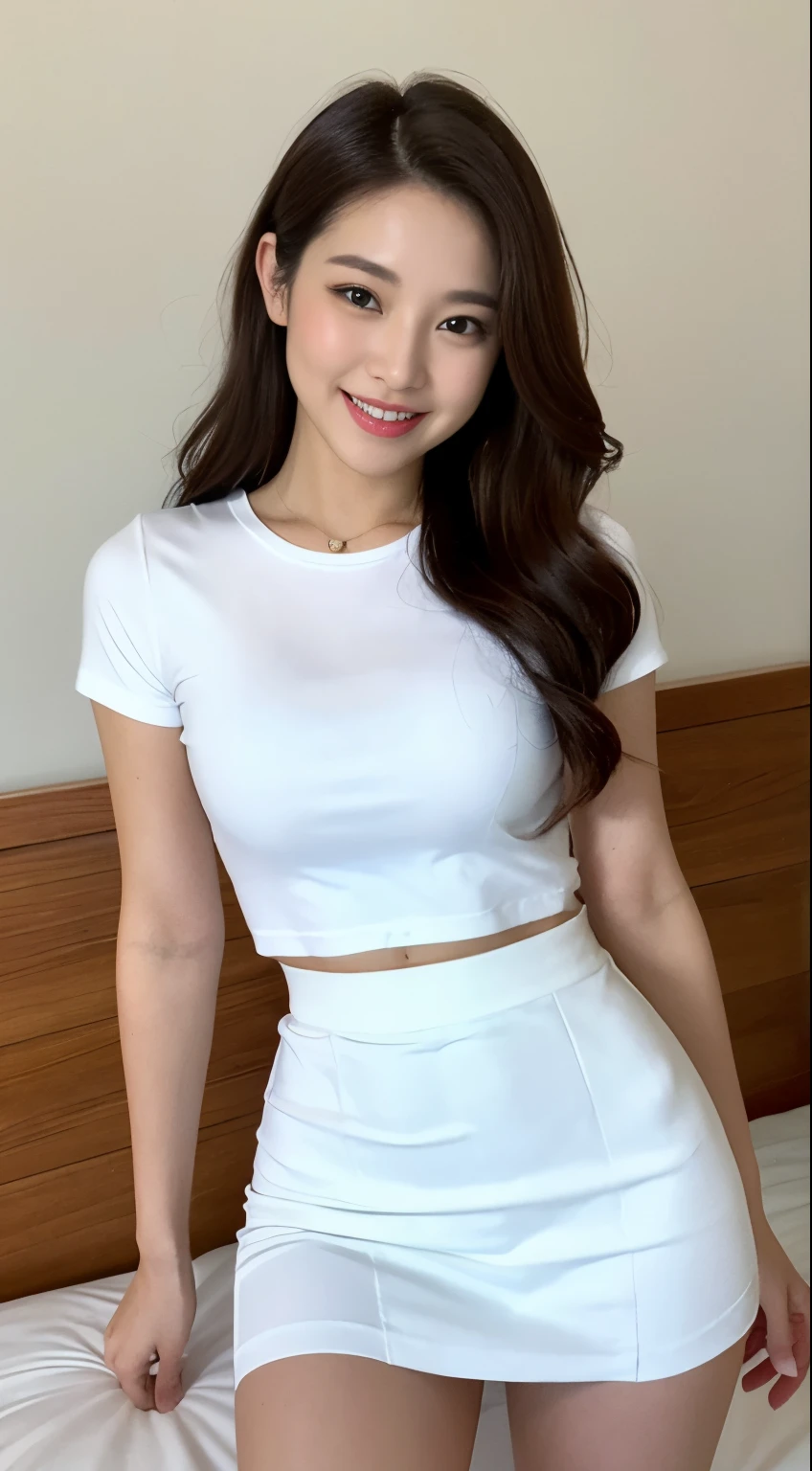 White tight shirt、White tight mini skirt、a bed、a smile、shortsleeves、high-level image quality