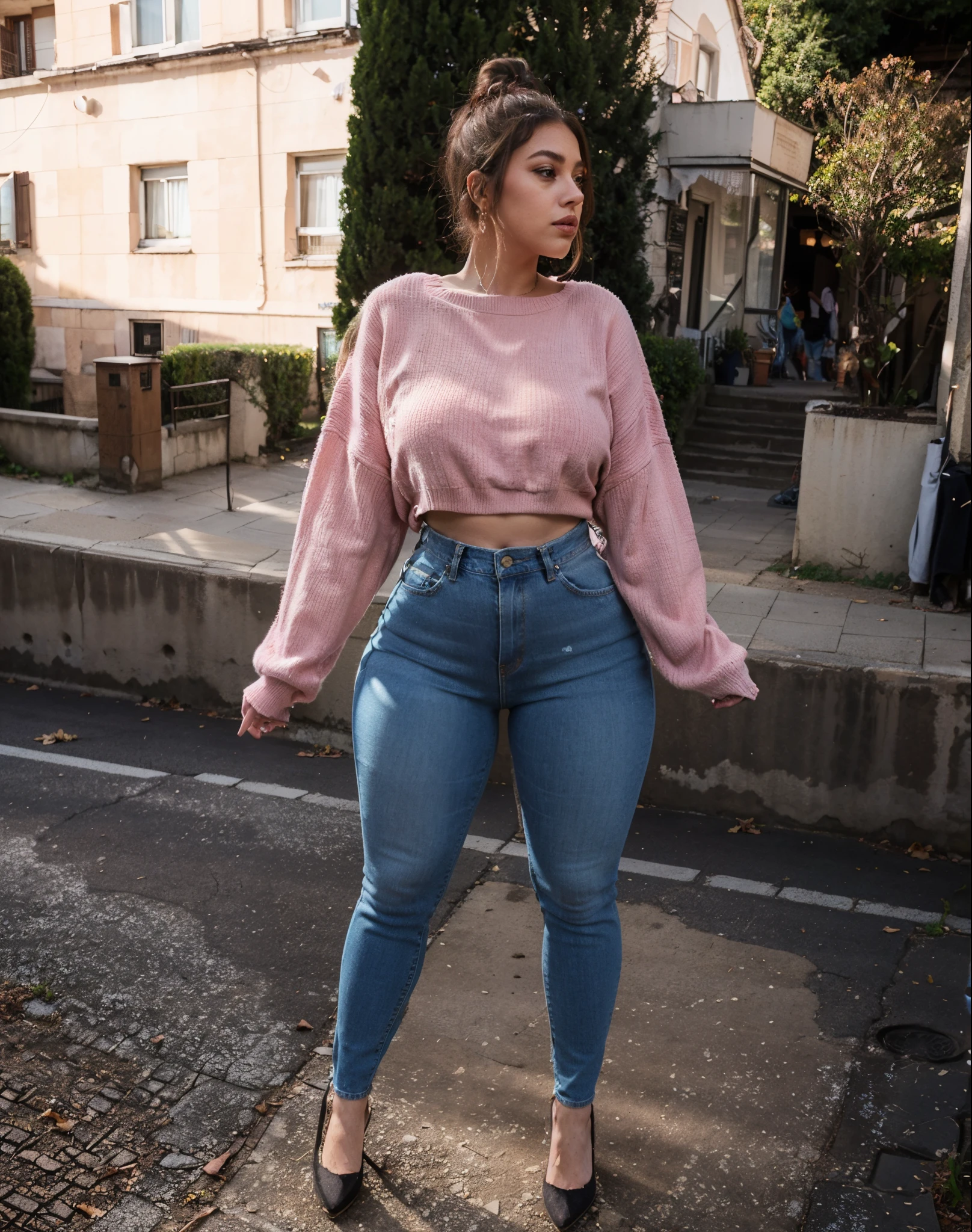 araffe woman in high waisted jeans and a pink sweater, skinny waist and thick hips, wide hips, beautiful thick female, thick body, wearing tight clothes, thicc, curvy hourglass figure, widest hips, wide full body, casual clothing, thick thighs, tight outfit, tight denim jeans, casual pose, curvy figure, thick thigs