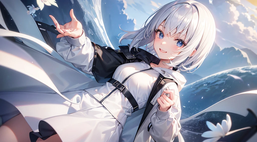 Ultra-high image quality,Look at viewers, hands behind back, girl with, 20 years old, Very short hair, long bangs between eyes, pale blue eyes, Hoodie, Skirt , Extremely detailed,(masterpiece、top-quality),White hair、A smile、Fantastical, Silver hair, Black eyes, Hoodie, White hoodie,a black skirt,Hair is short,White jacket, Casual style,Open jacket, Cowboy Shot、Fluttering hair、a small face、Bright smile、(Detailed face) ,profetional lighting,fantastic landscape,Blue sky, Sunlight,look down from above,portraitures
